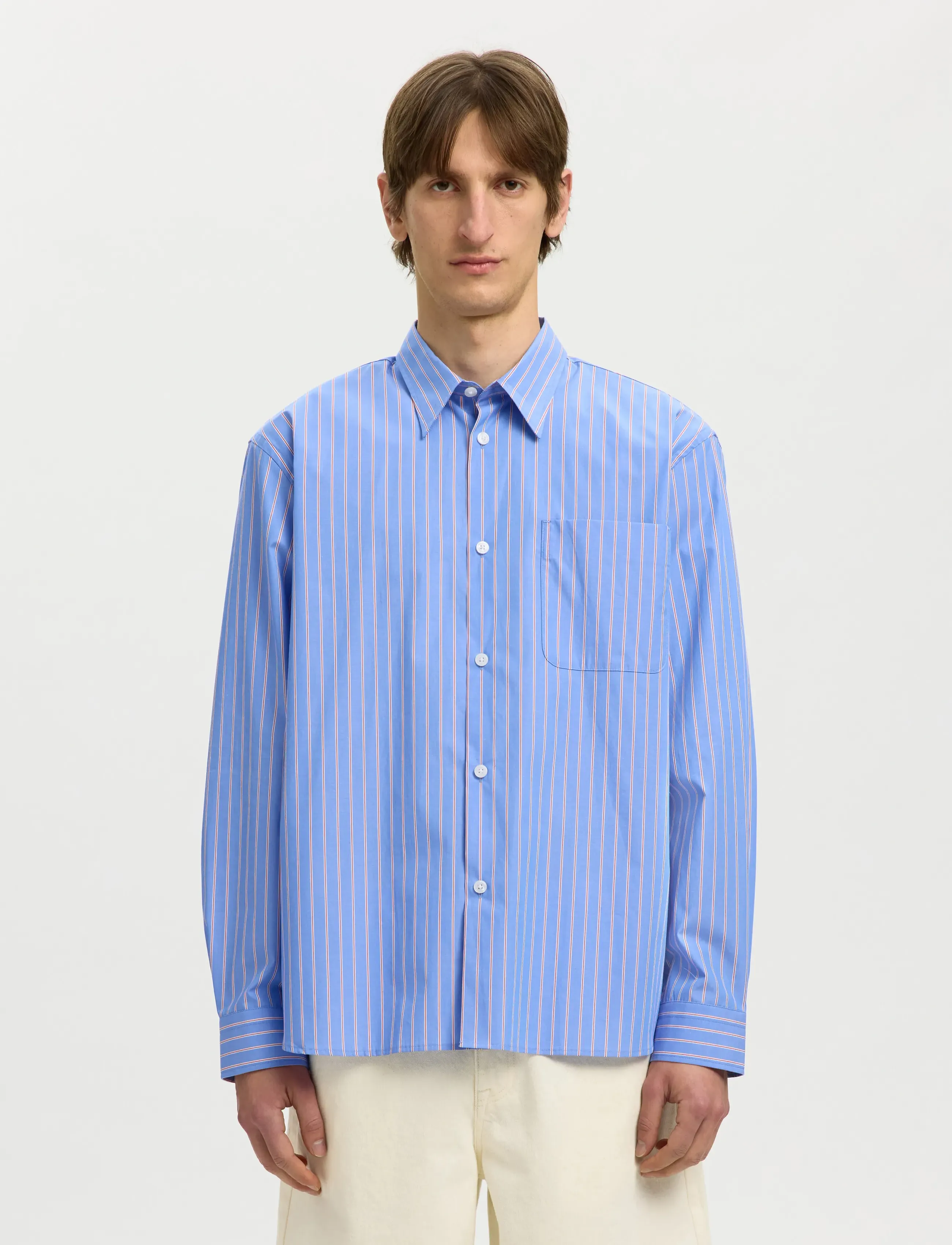 Selected Slhrlxholger Stripe Ls Shirt, L, Blue, Shirts > Striped Shirts, Herre