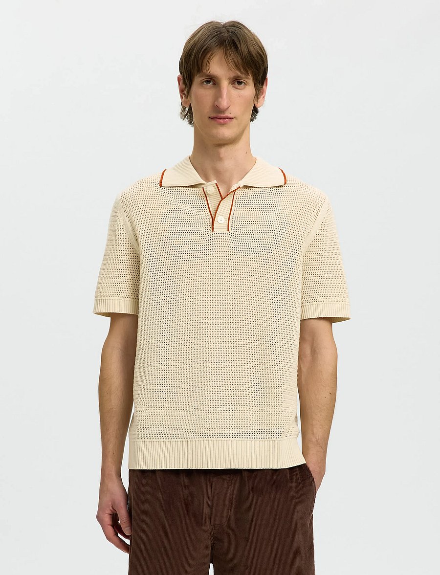Selected - SLHJESSE SS KNIT OPEN STRUCTURE POLO - gestrickte polohemden - birch - 0