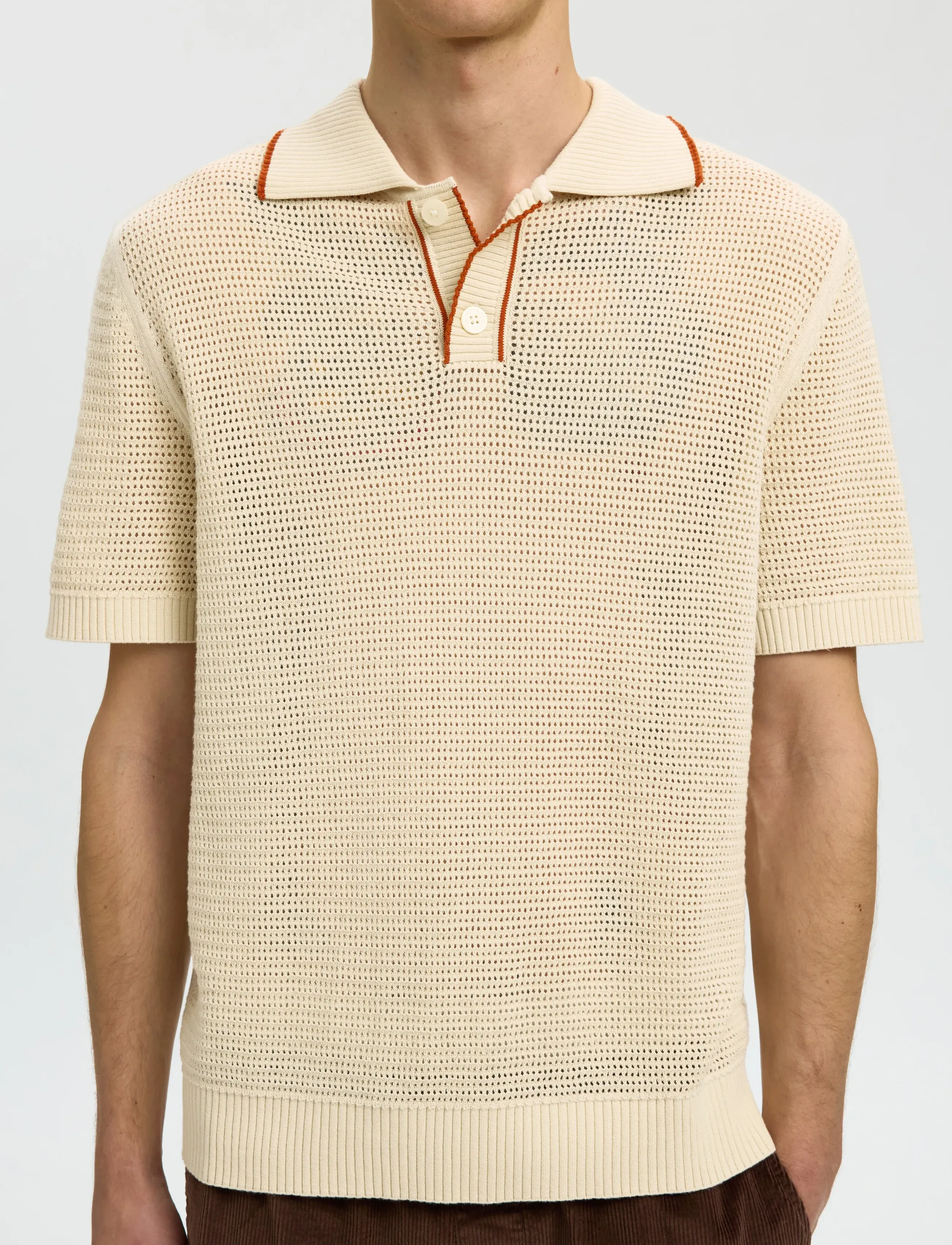 Selected - SLHJESSE SS KNIT OPEN STRUCTURE POLO - gestrickte polohemden - birch - 4
