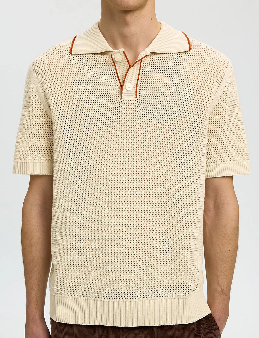 Selected - SLHJESSE SS KNIT OPEN STRUCTURE POLO - gestrickte polohemden - birch - 4