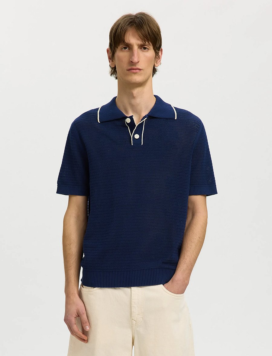 Selected - SLHJESSE SS KNIT OPEN STRUCTURE POLO - gestrickte polohemden - ocean cavern - 0