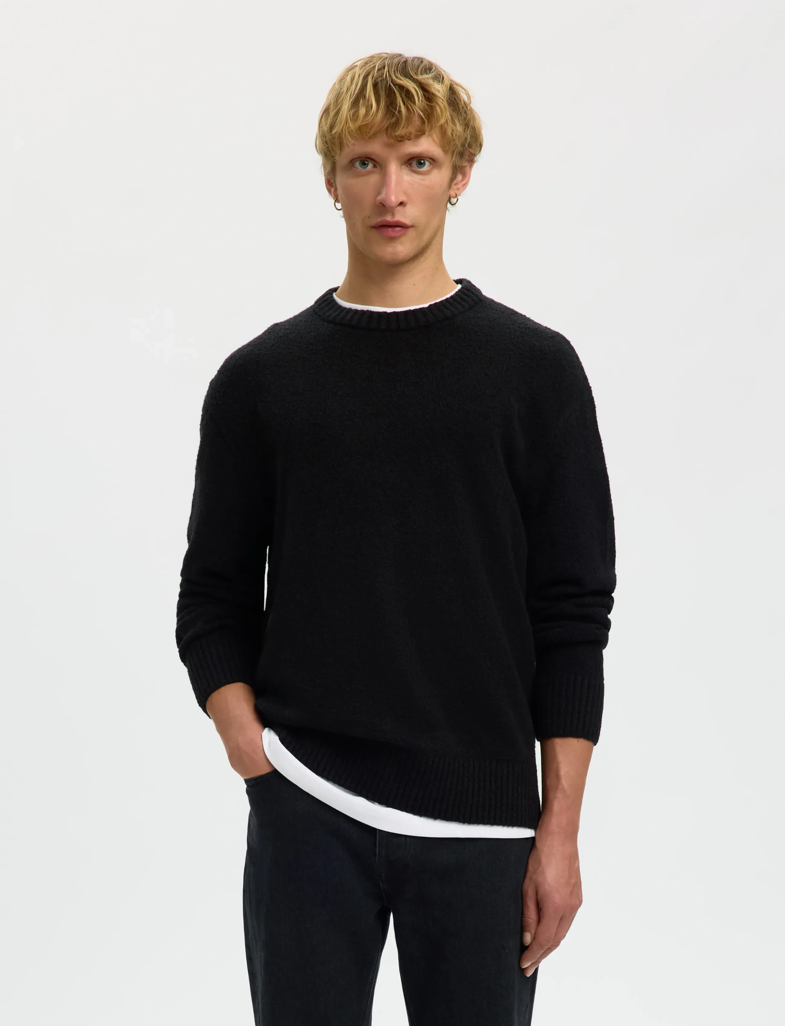 Selected SLHALEX LS KNIT RELAXED CREW NECK NOOS - Stickat - BLACK / black