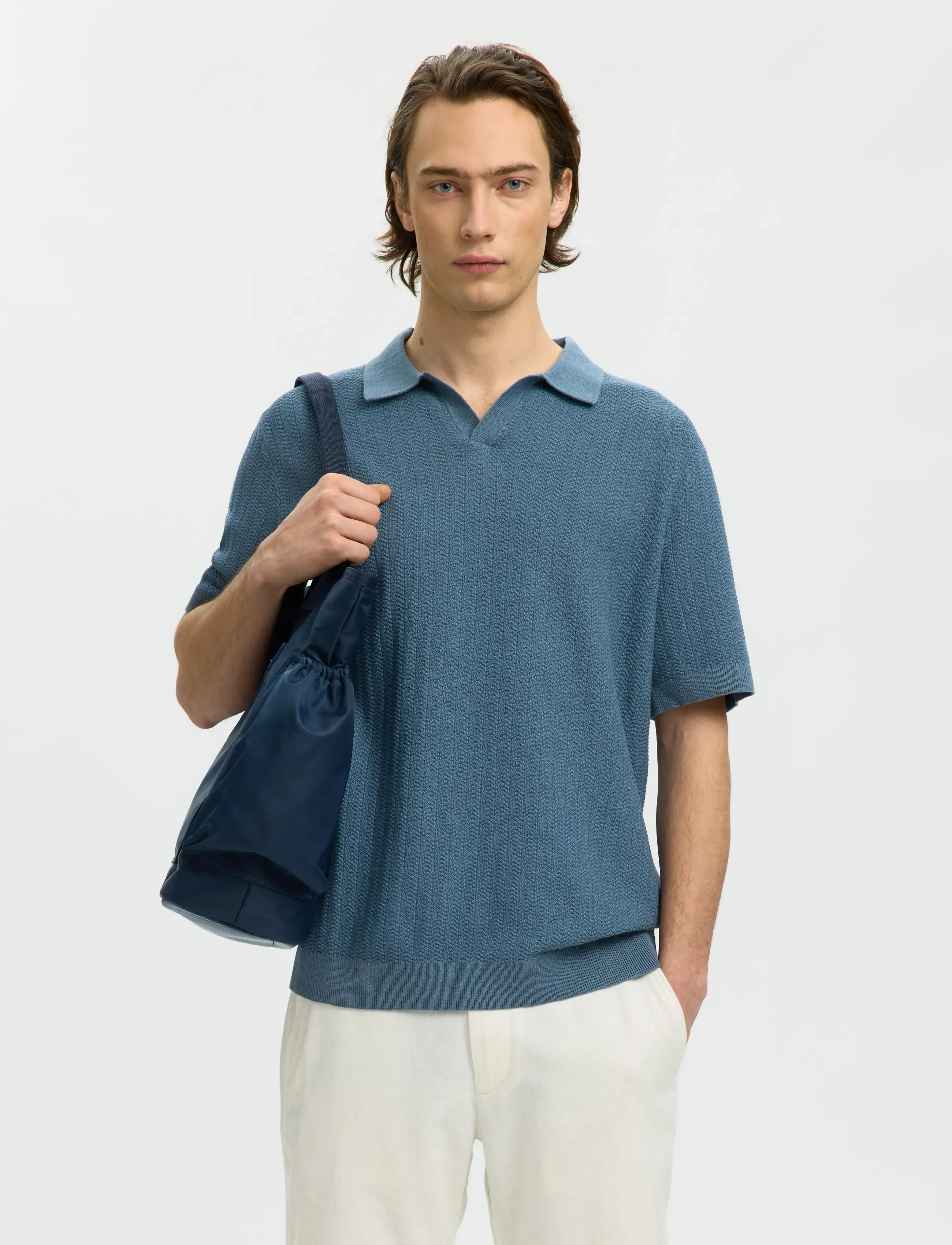 Selected Slhmattis Ss Linen Blend Struc Polo Noos, XXL, Blue, Poloer > Kortærmede, Herre