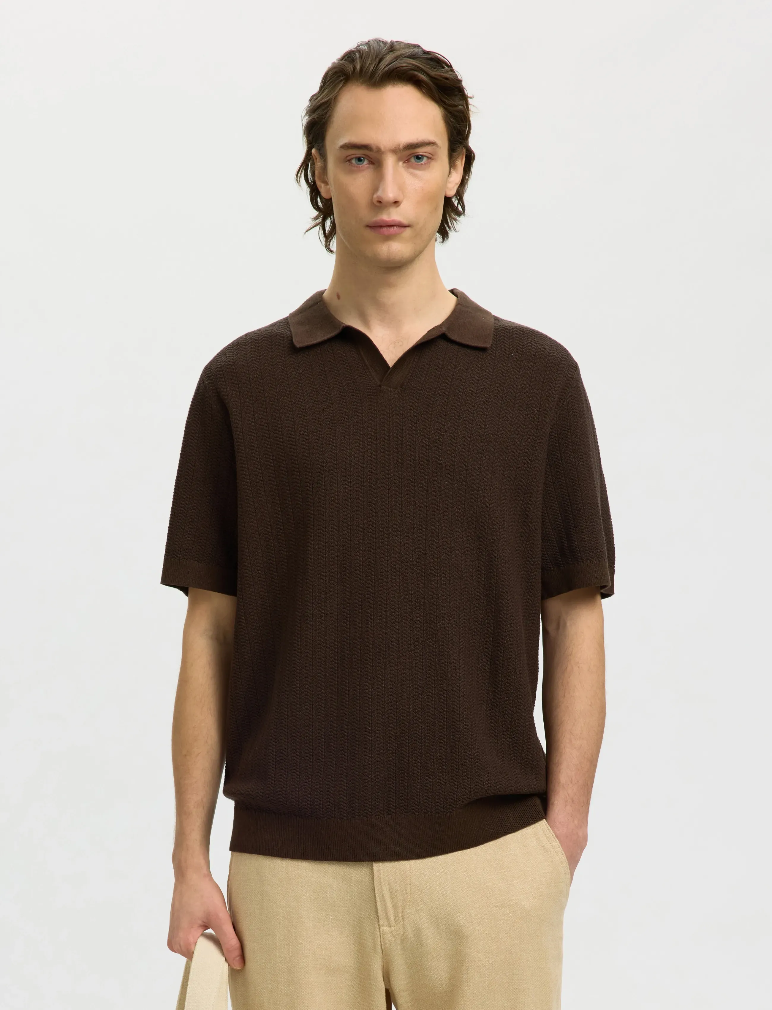 Selected SLHMATTIS SS LINEN BLEND STRUC POLO NOOS - Poloshirts - DELICIOSO / brown