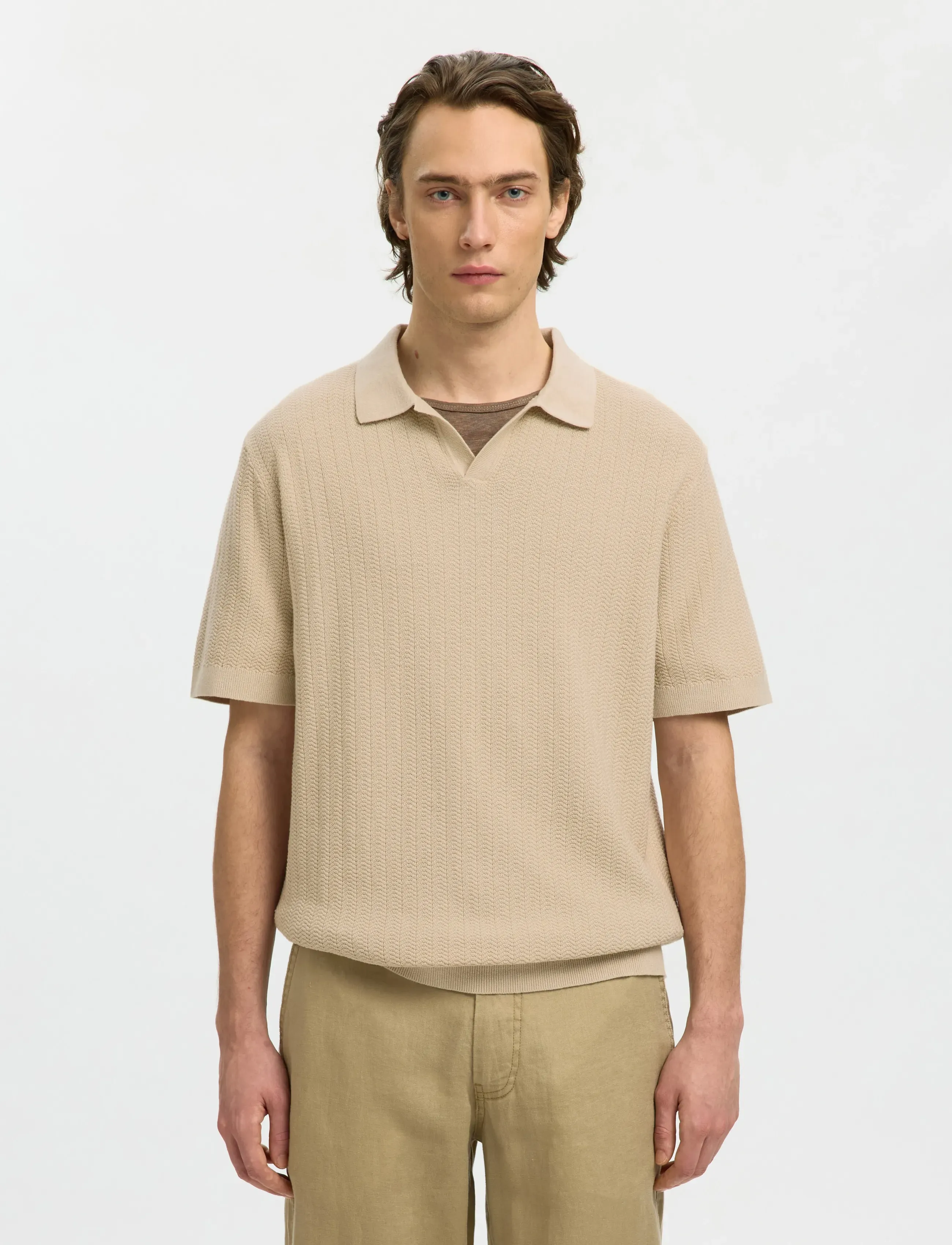 Selected Slhmattis Ss Linen Blend Struc Polo Noos, L, Polos, Beige - Short-sleeved, Männerswear