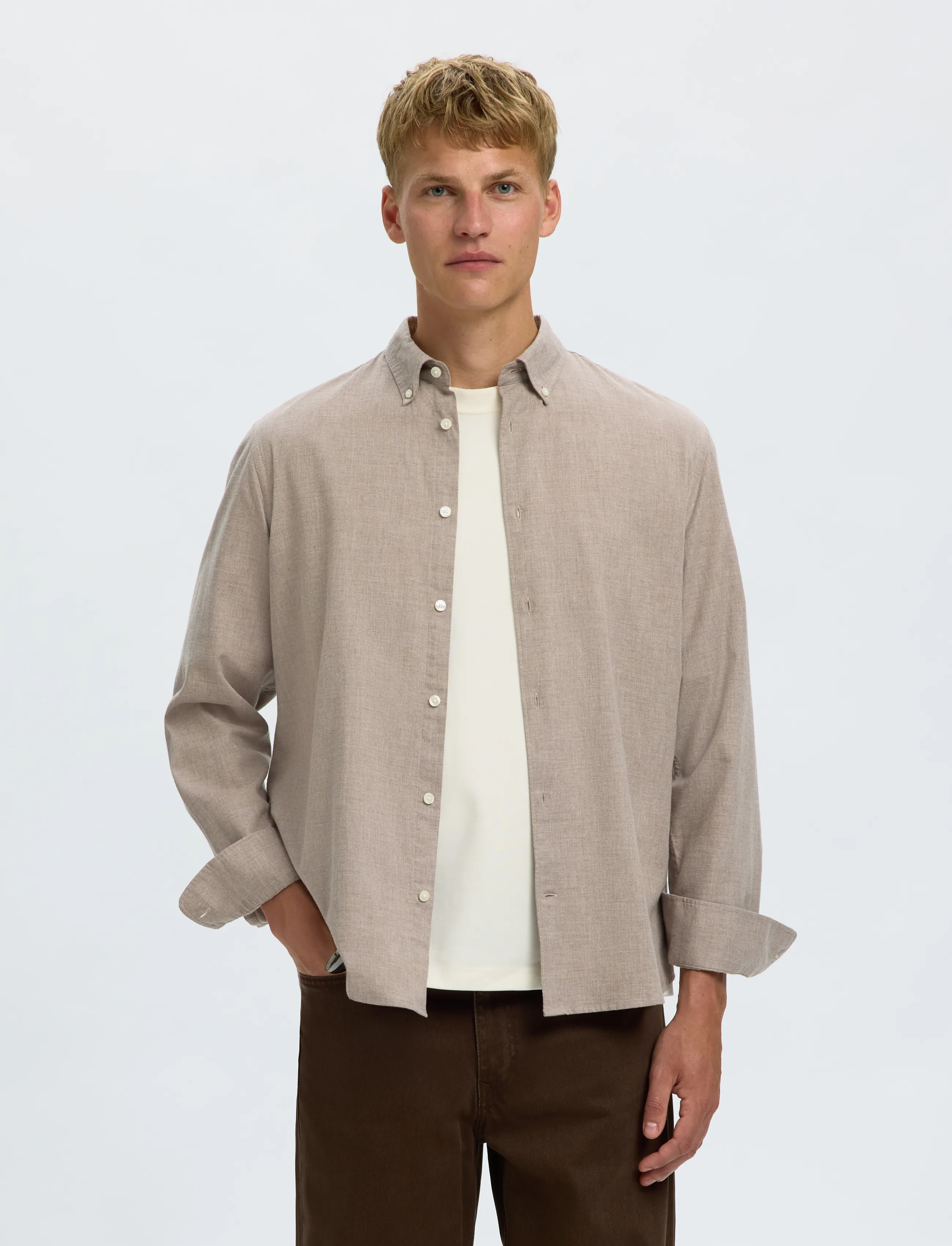 Selected SLMREGCOLE JAY MELANGE LS SHIRT NOOS - Selected - CORNSTALK / beige