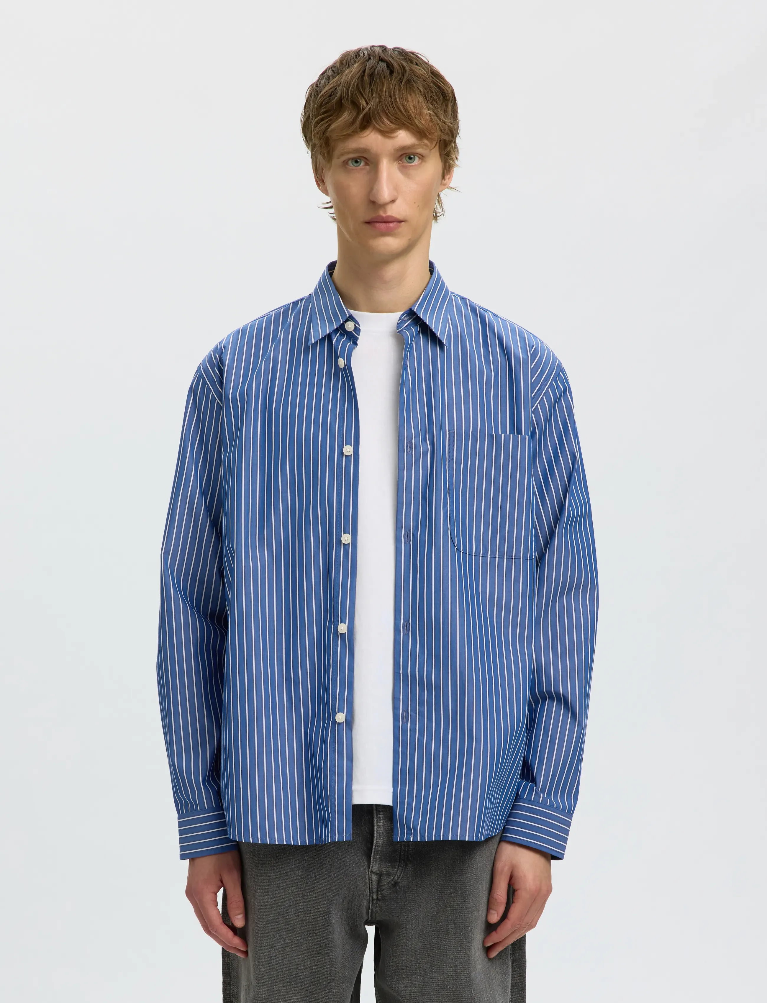 Selected Slmrlxsander Isak Poplin Ls Shirt Noos, S, Blue, Skjorter > Afslappet Shirts, Herre
