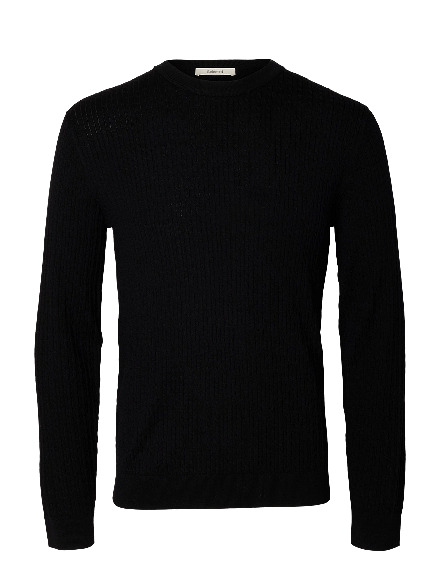 Selected - SLMTRAY LS KNIT MERINO CABLE CREW NOOS - rundhals - black - 1