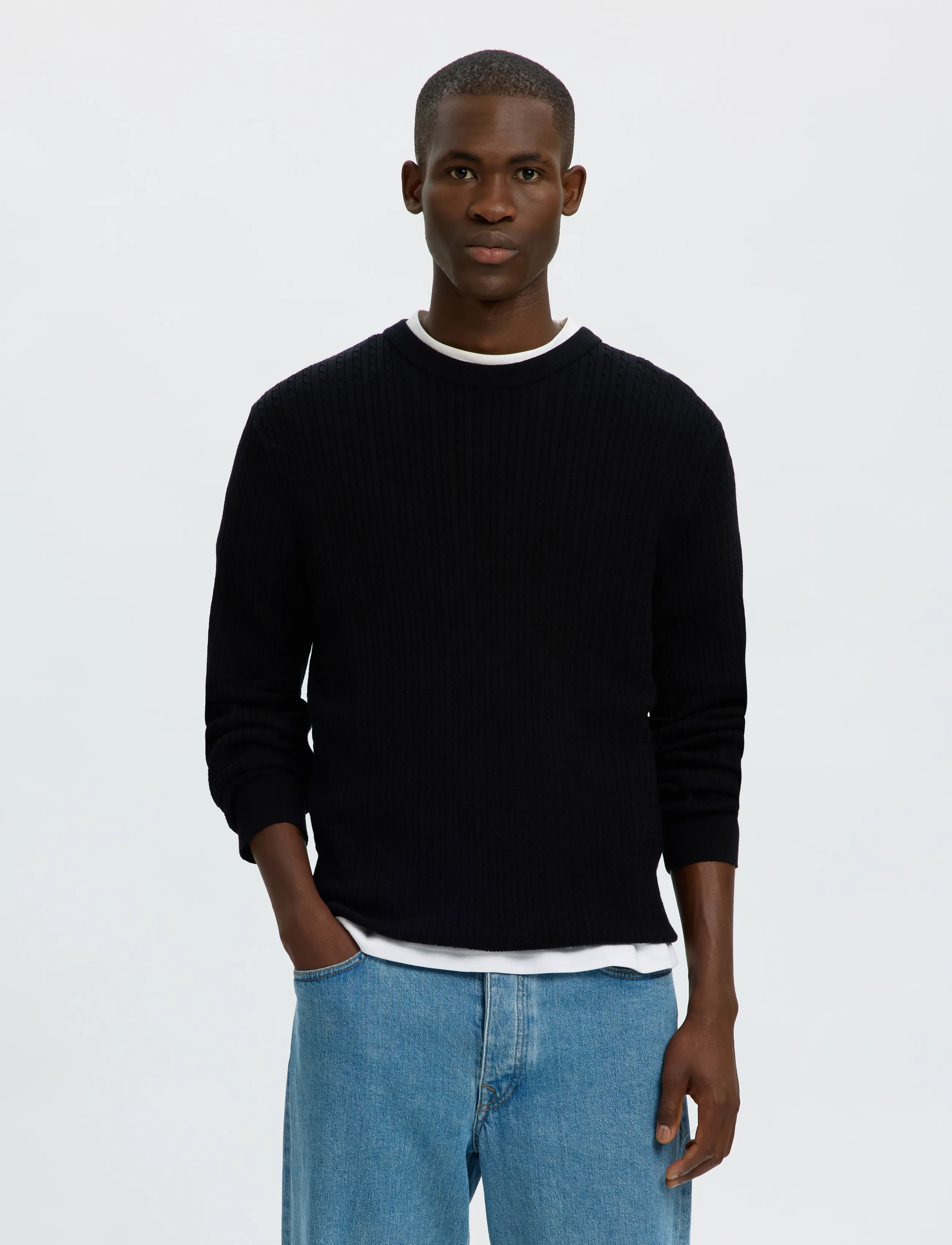 Selected Slmtray Ls Knit Merino Cable Crew Noos, M, Knitwear, Schwarz - Round Necks, Männerswear