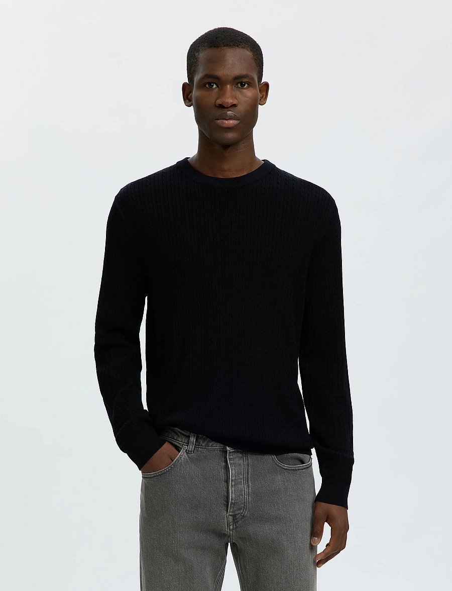 Selected - SLMTRAY LS KNIT MERINO CABLE CREW NOOS - rundhals - black - 0