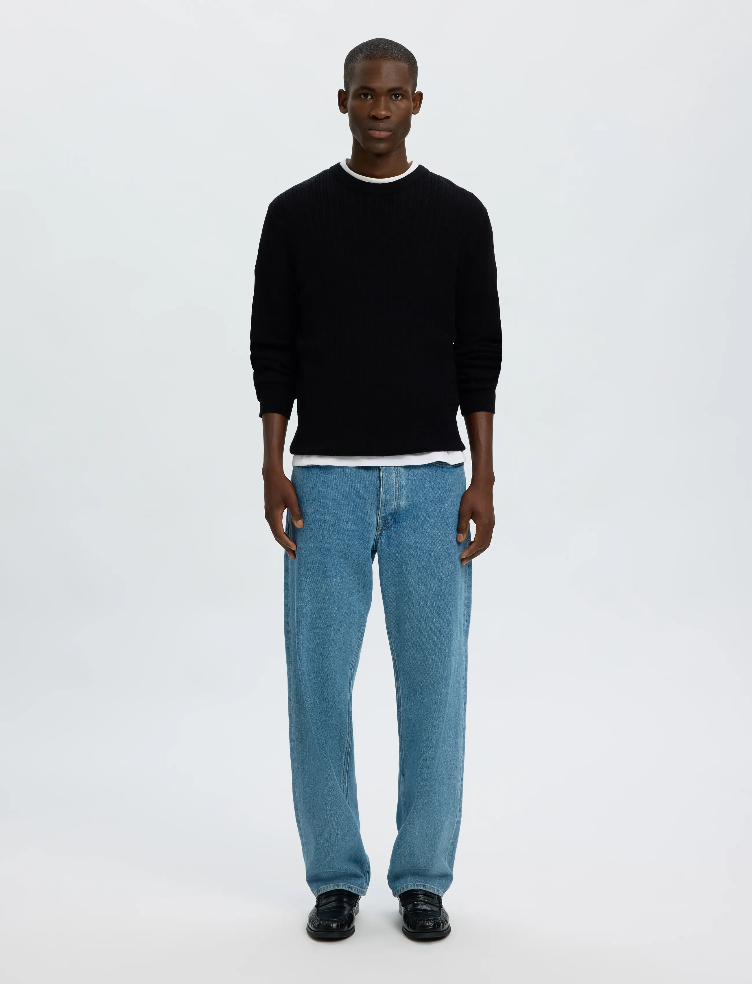 Selected - SLMTRAY LS KNIT MERINO CABLE CREW NOOS - round necks - black - 3