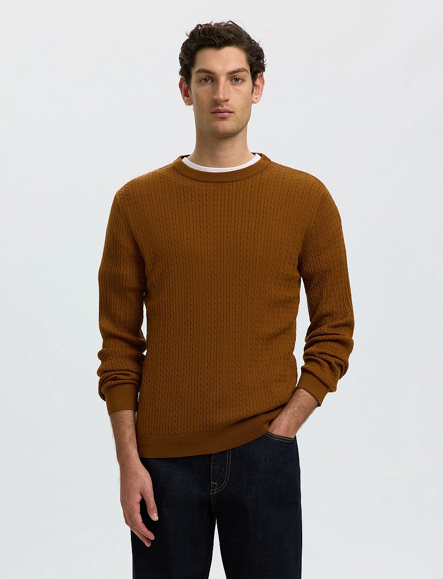 Selected - SLMTRAY LS KNIT MERINO CABLE CREW NOOS - rundhals - monks robe - 0