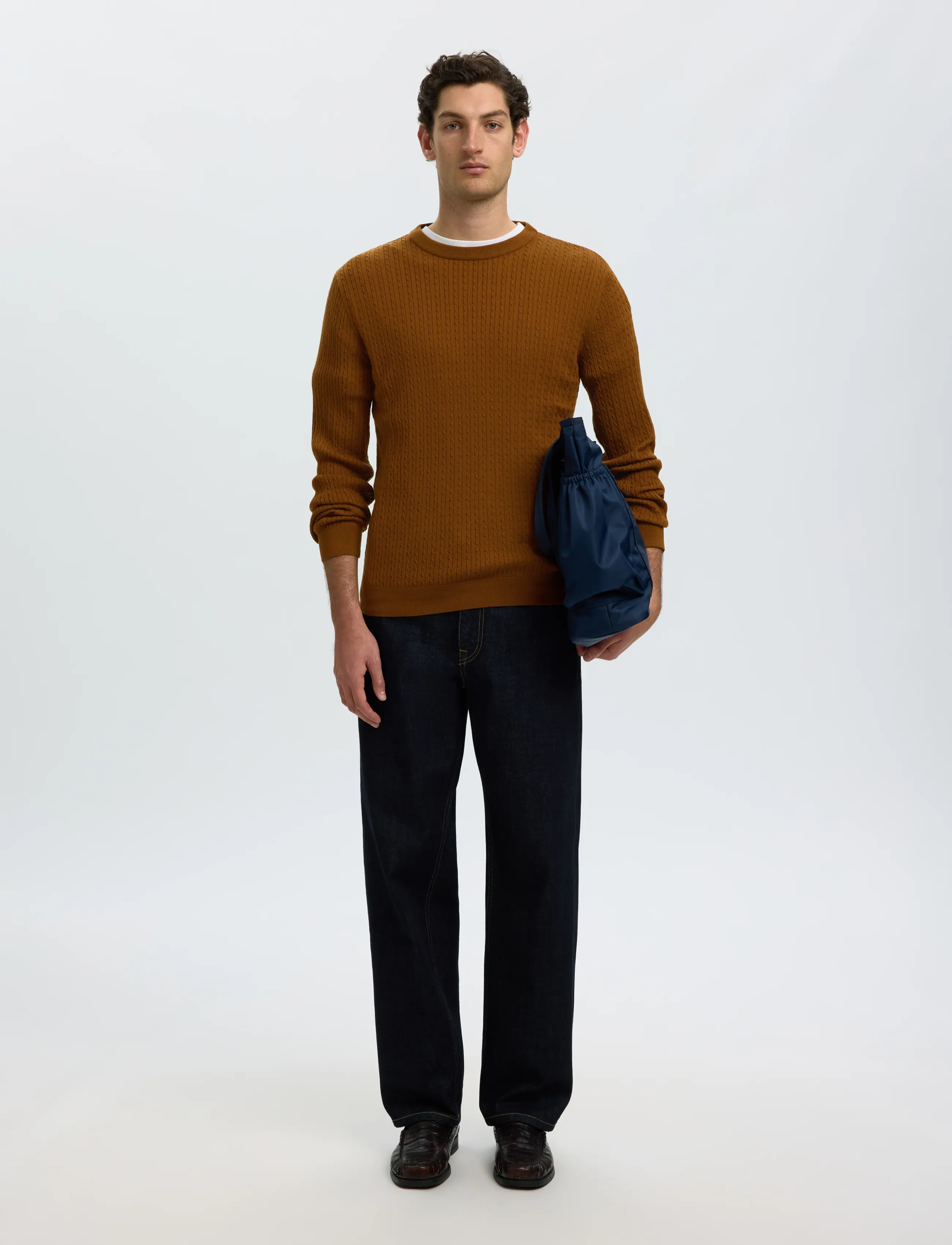 Selected - SLMTRAY LS KNIT MERINO CABLE CREW NOOS - rund hals - monks robe - 5