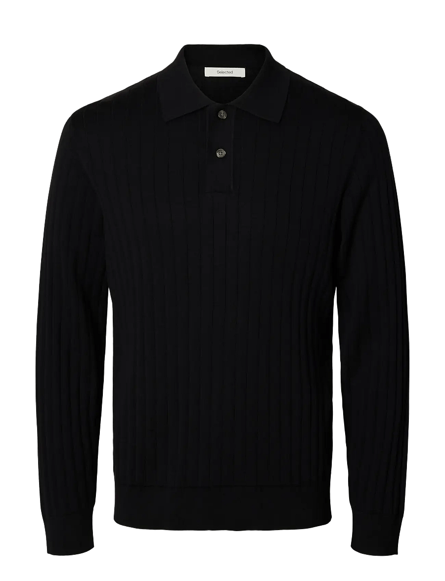 Selected - SLMTORINO LS KNIT RIB POLO NOOS - langärmelige strick-polohemden - black - 1