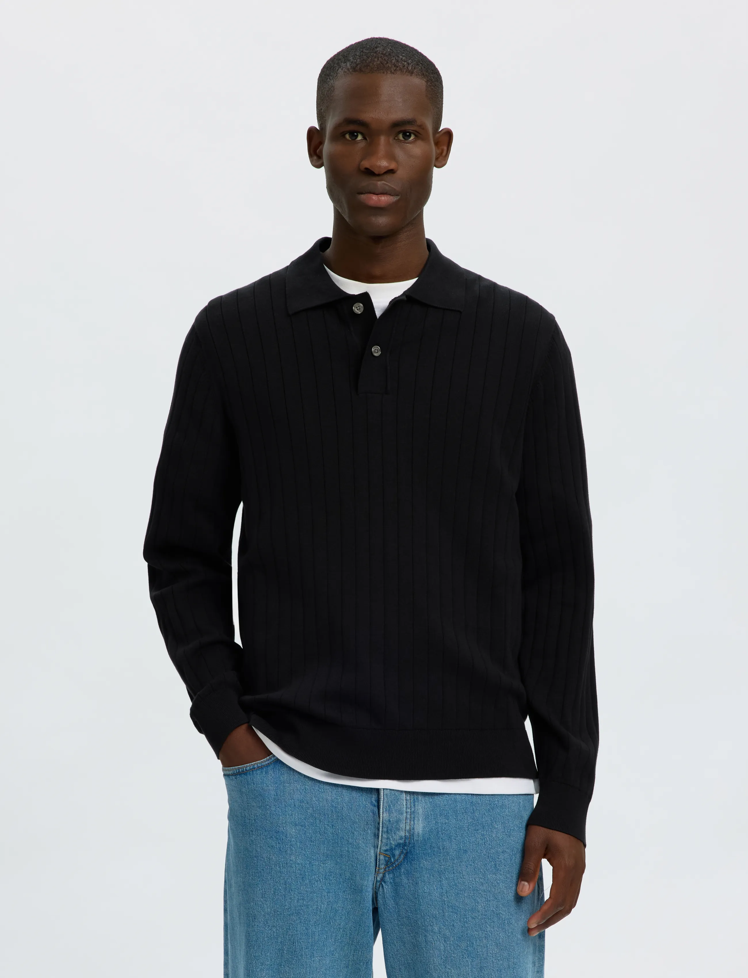 Selected SLMTORINO LS KNIT RIB POLO NOOS - Kleidung - BLACK / black