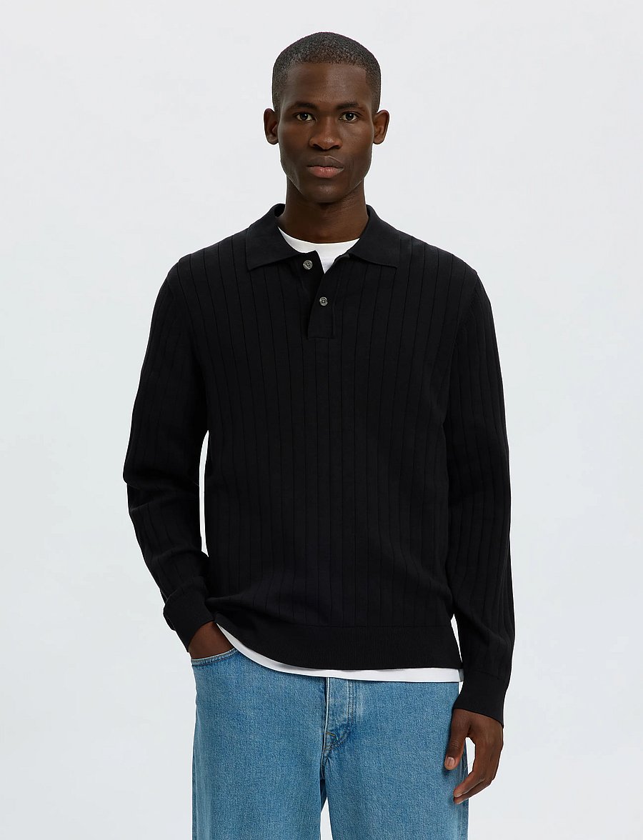 Selected - SLMTORINO LS KNIT RIB POLO NOOS - langärmelige strick-polohemden - black - 0