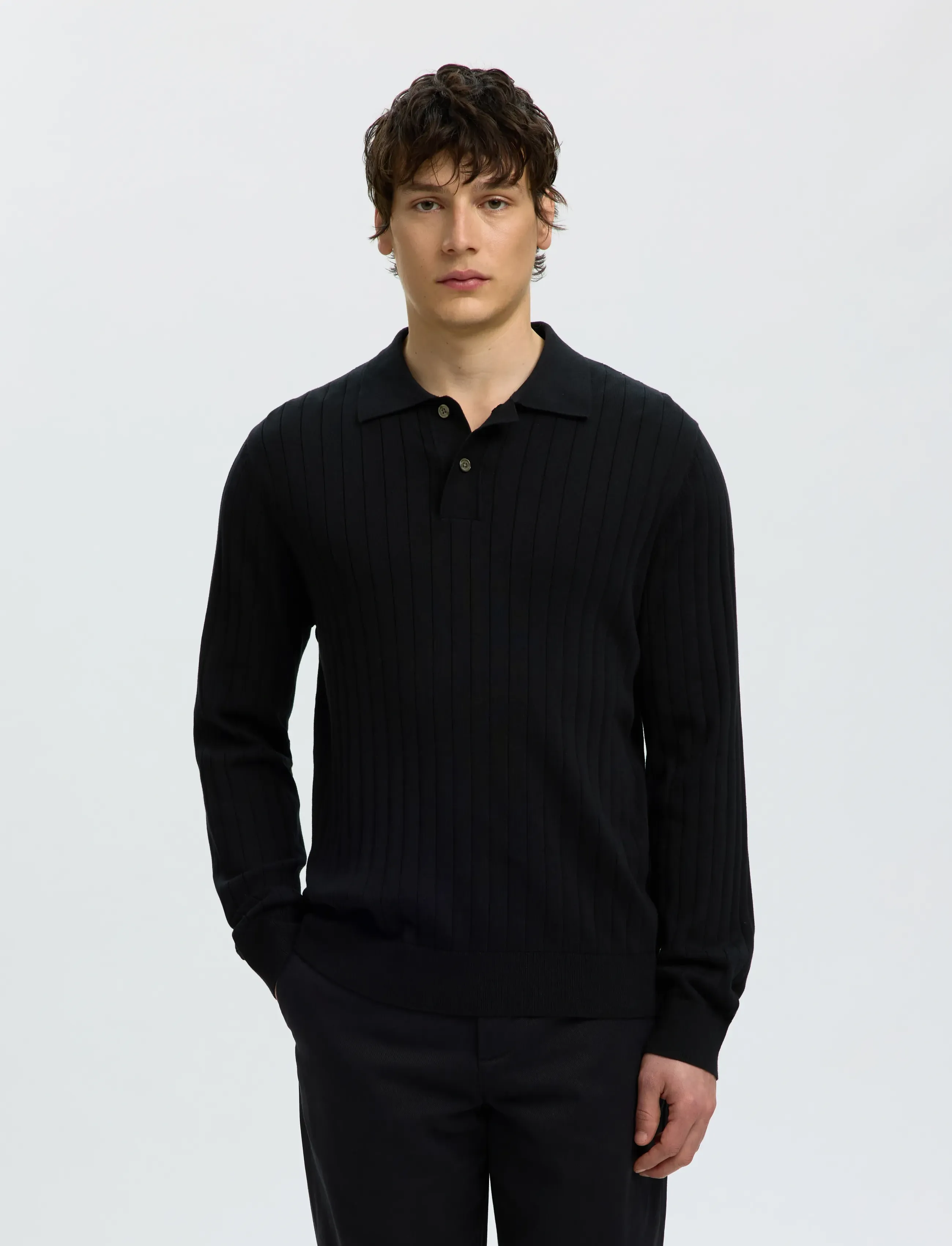 Selected SLMTORINO LS KNIT RIB POLO NOOS - Selected - BLACK / black