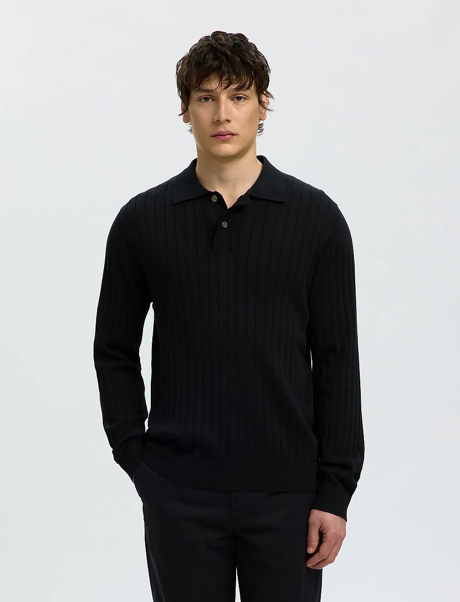 Selected - SLMTORINO LS KNIT RIB POLO NOOS - langärmelige strick-polohemden - black - 0