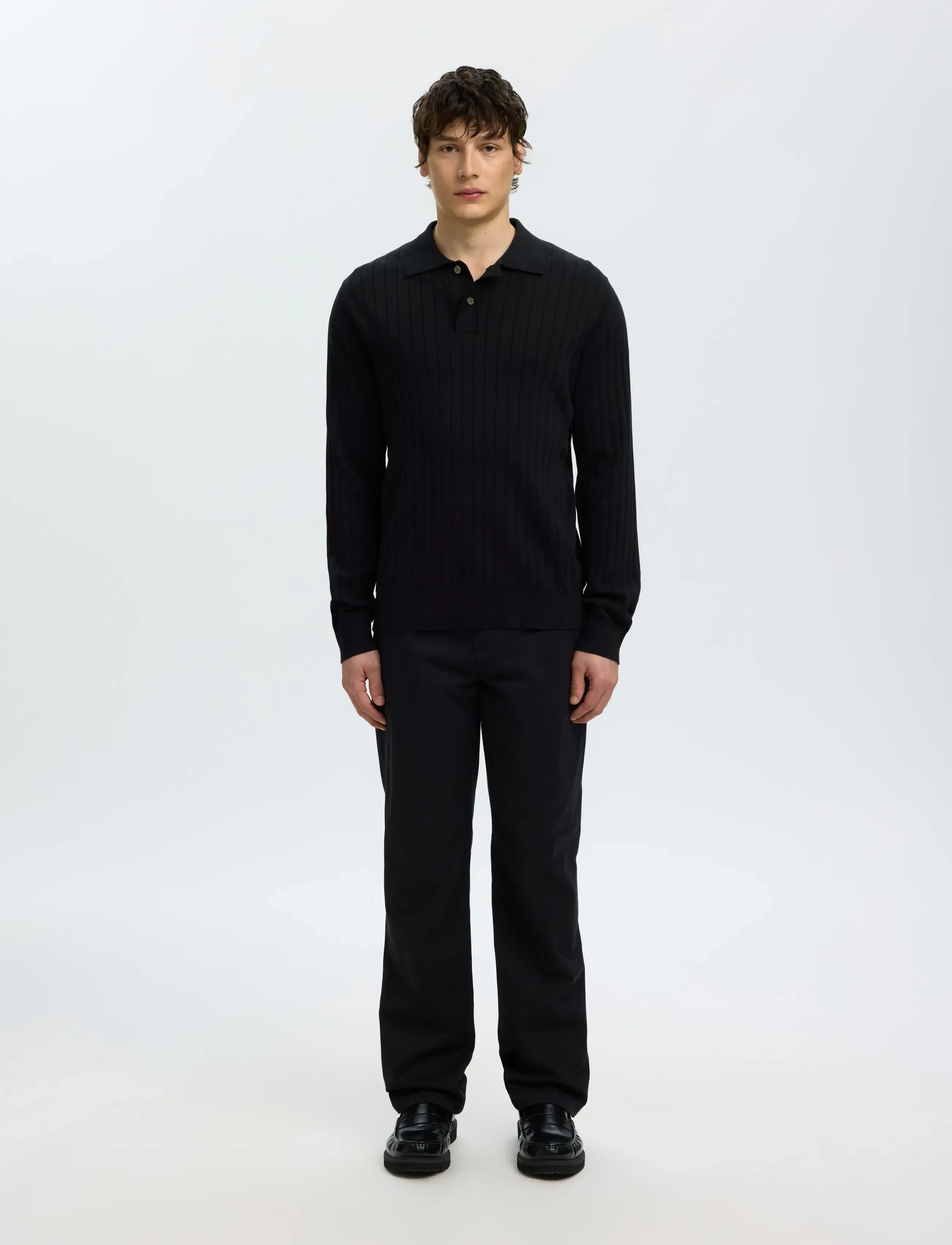 Selected - SLMTORINO LS KNIT RIB POLO NOOS - poloer i strik med lange ærmer - black - 3