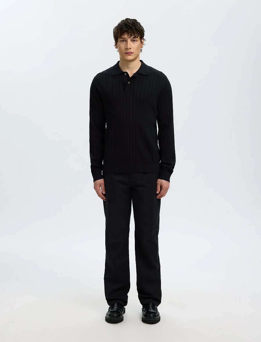 Selected - SLMTORINO LS KNIT RIB POLO NOOS - langärmelige strick-polohemden - black - 3