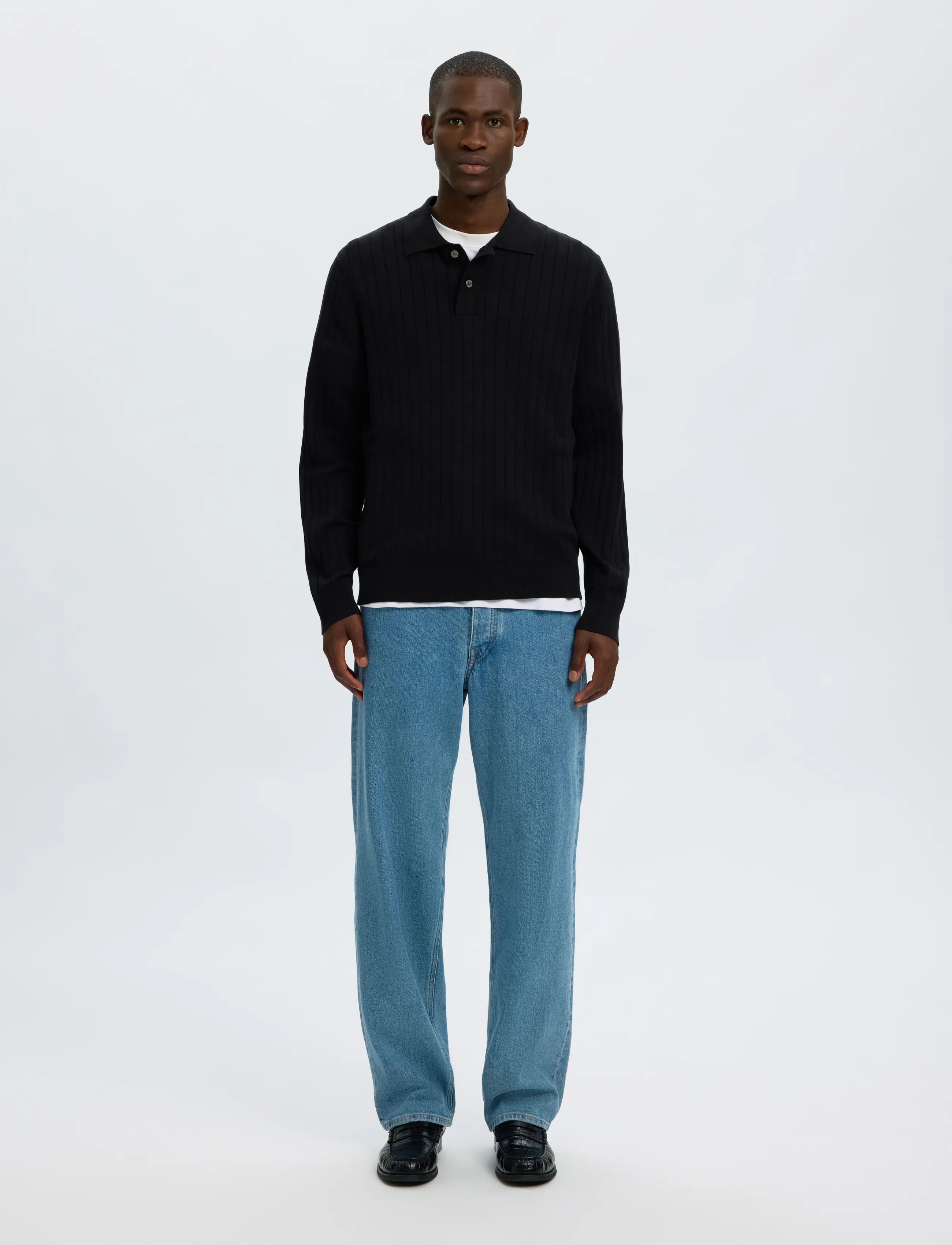 Selected - SLMTORINO LS KNIT RIB POLO NOOS - langärmelige strick-polohemden - black - 3