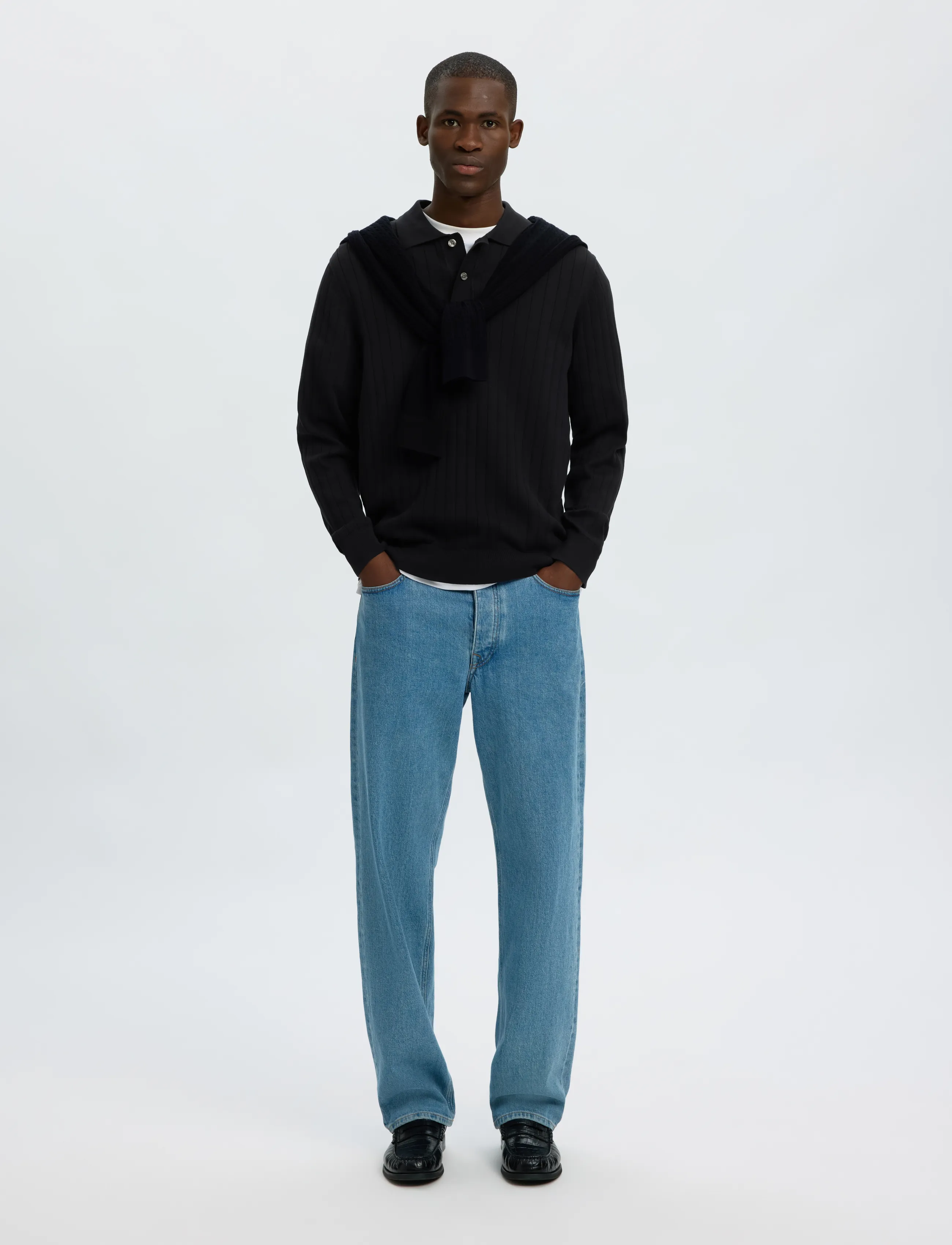 Selected - SLMTORINO LS KNIT RIB POLO NOOS - langärmelige strick-polohemden - black - 5