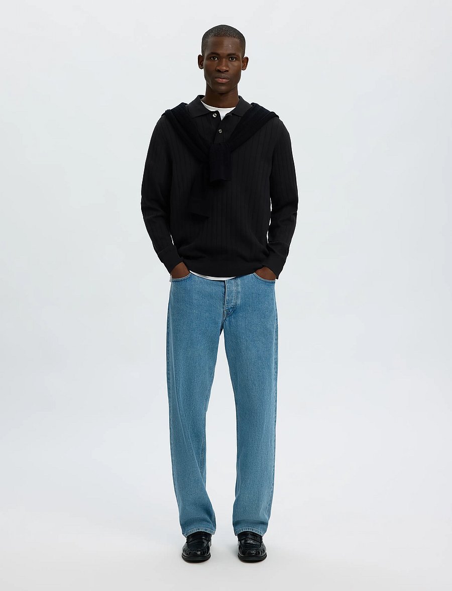 Selected - SLMTORINO LS KNIT RIB POLO NOOS - langärmelige strick-polohemden - black - 5