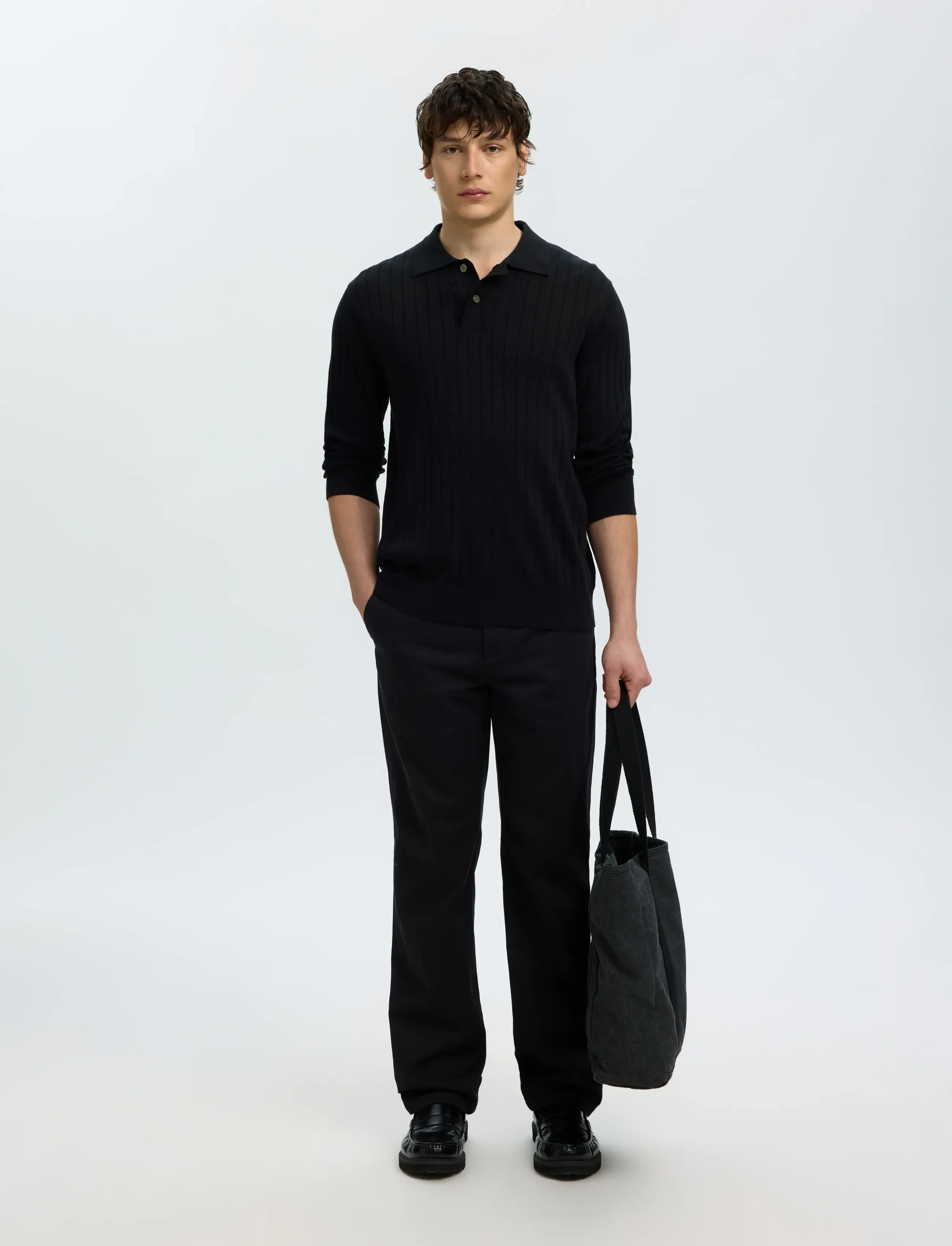 Selected - SLMTORINO LS KNIT RIB POLO NOOS - poloer i strik med lange ærmer - black - 5