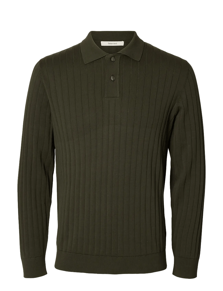 Selected - SLMTORINO LS KNIT RIB POLO NOOS - langärmelige strick-polohemden - forest night - 1
