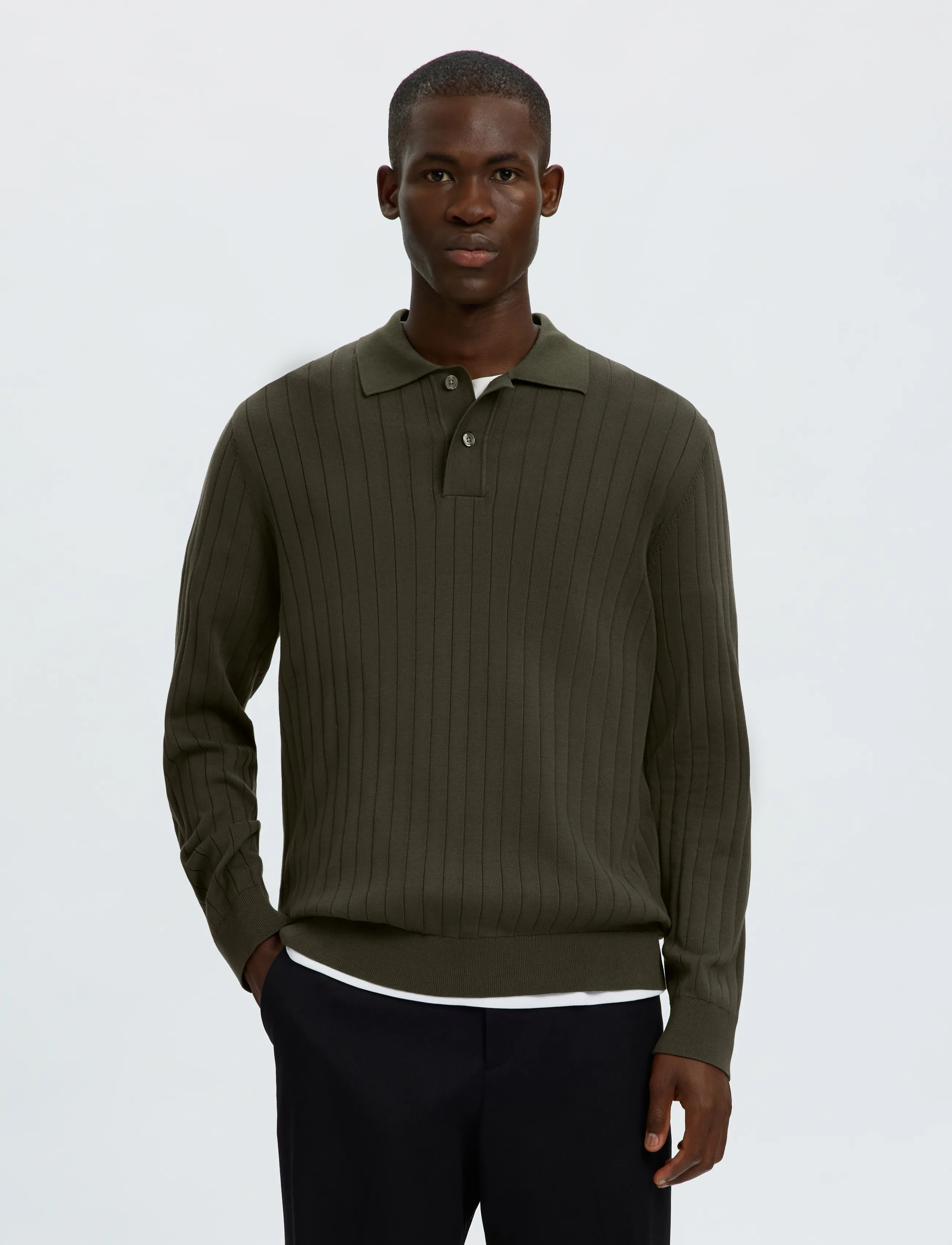 Selected Slmtorino Ls Knit Rib Polo Noos, XL, Polos, Grün - Long-sleeved, Männerswear