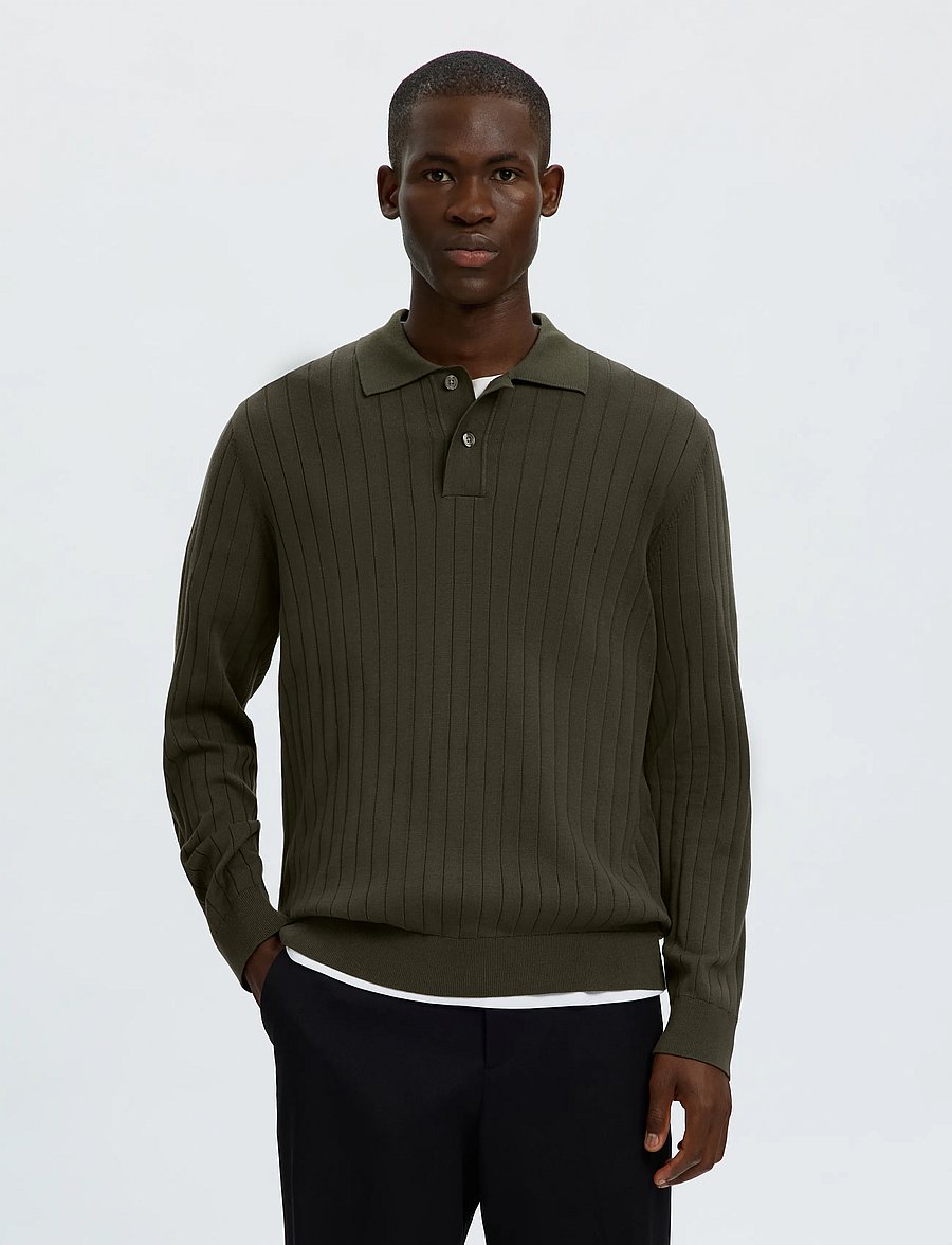 Selected - SLMTORINO LS KNIT RIB POLO NOOS - langärmelige strick-polohemden - forest night - 0