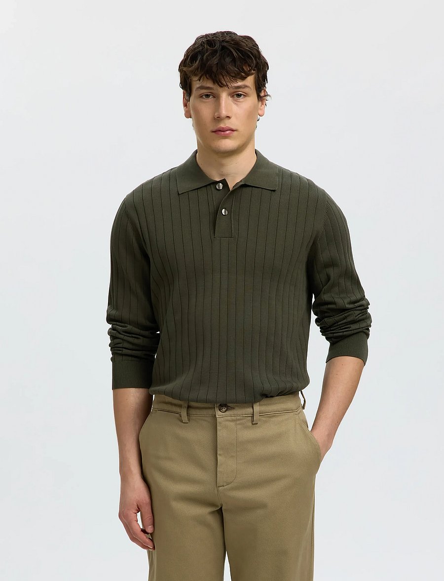 Selected - SLMTORINO LS KNIT RIB POLO NOOS - langärmelige strick-polohemden - forest night - 0