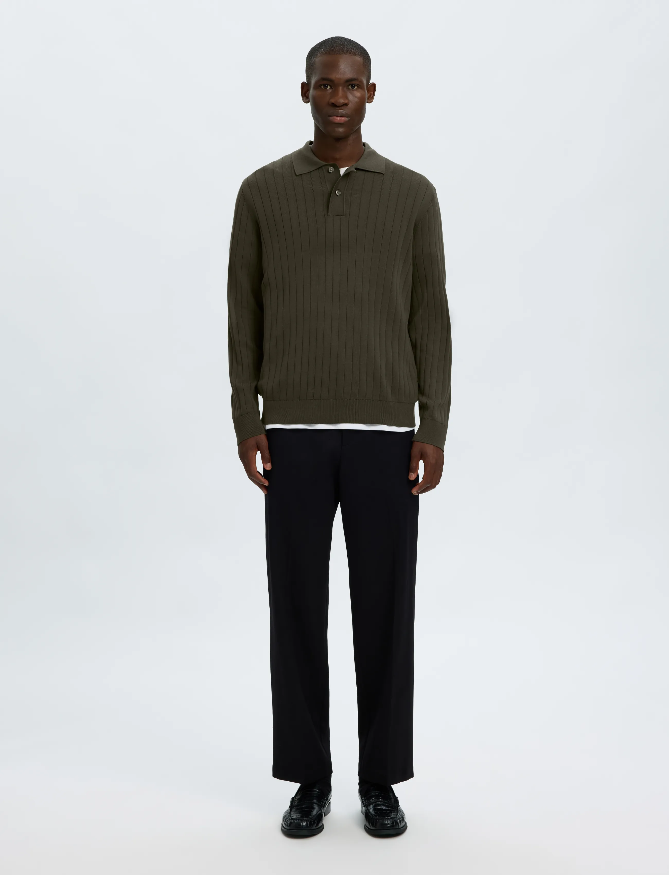 Selected - SLMTORINO LS KNIT RIB POLO NOOS - langärmelige strick-polohemden - forest night - 3