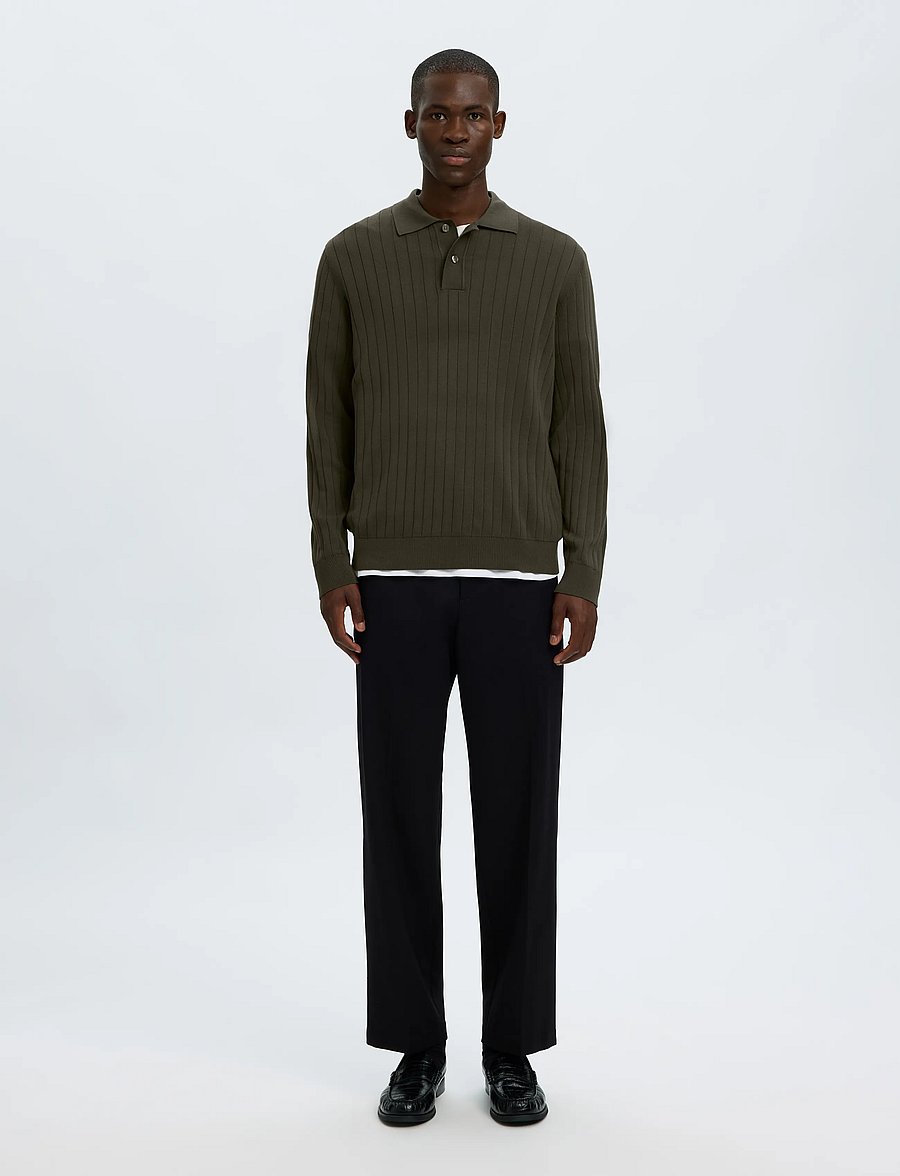 Selected - SLMTORINO LS KNIT RIB POLO NOOS - langärmelige strick-polohemden - forest night - 3