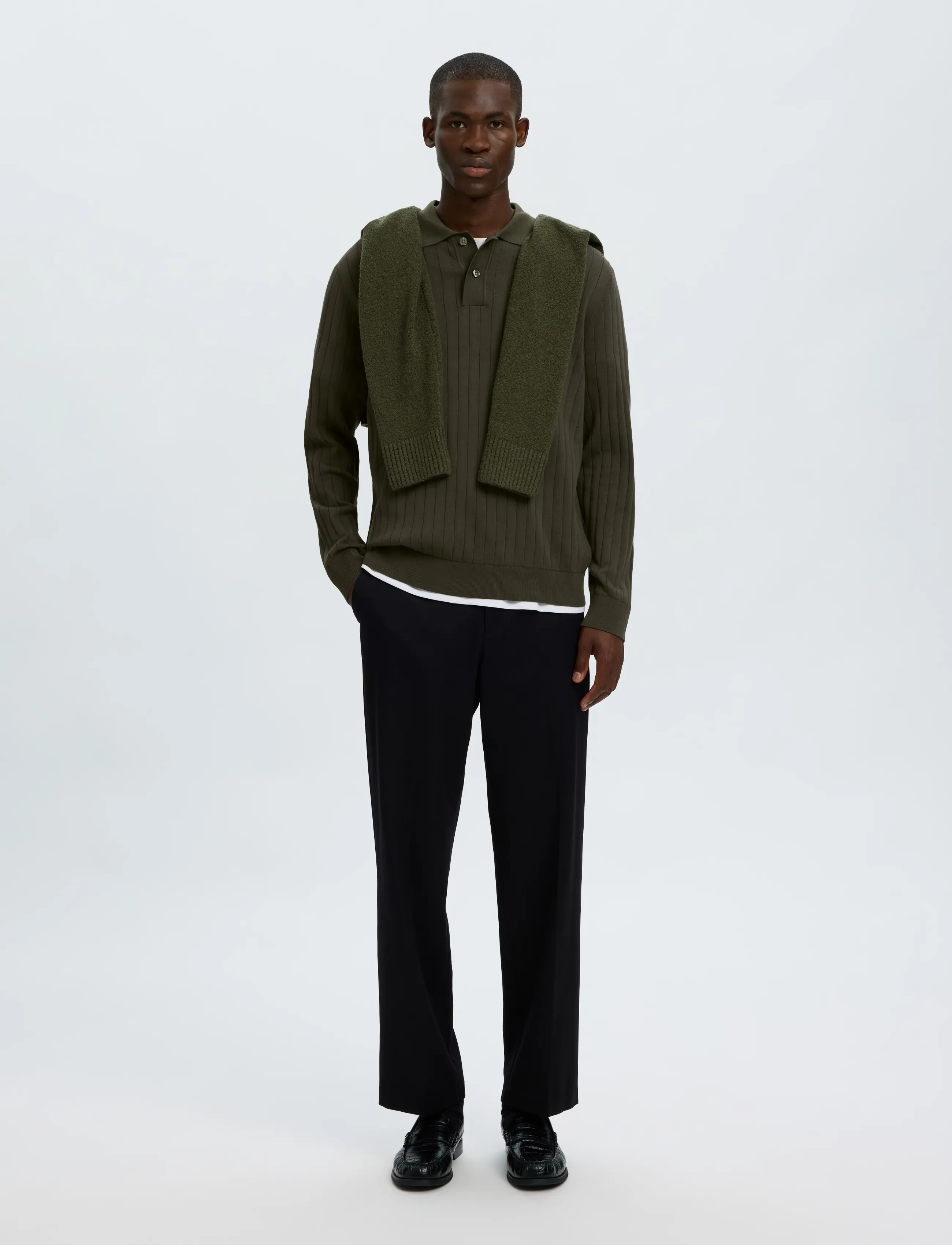 Selected - SLMTORINO LS KNIT RIB POLO NOOS - langärmelige strick-polohemden - forest night - 5
