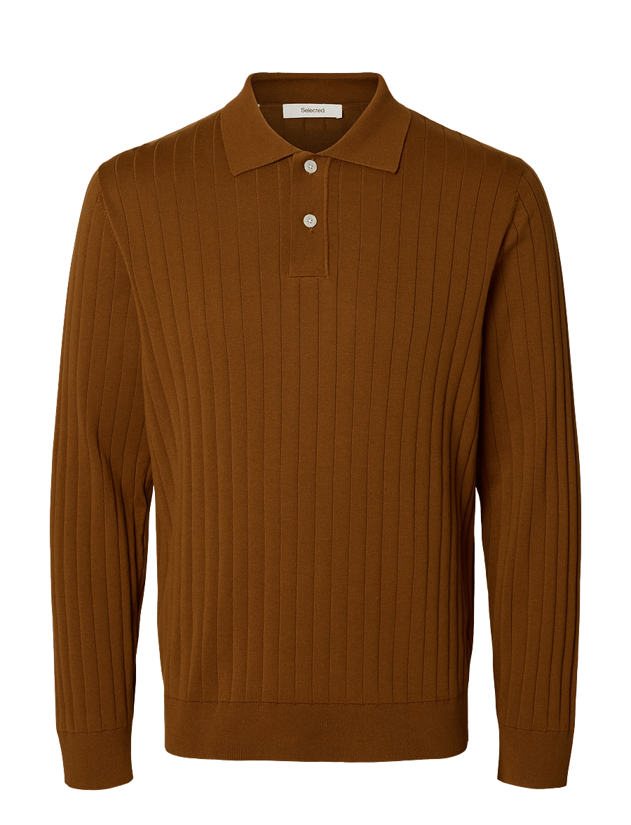 Selected - SLMTORINO LS KNIT RIB POLO NOOS - langärmelige strick-polohemden - monks robe - 1
