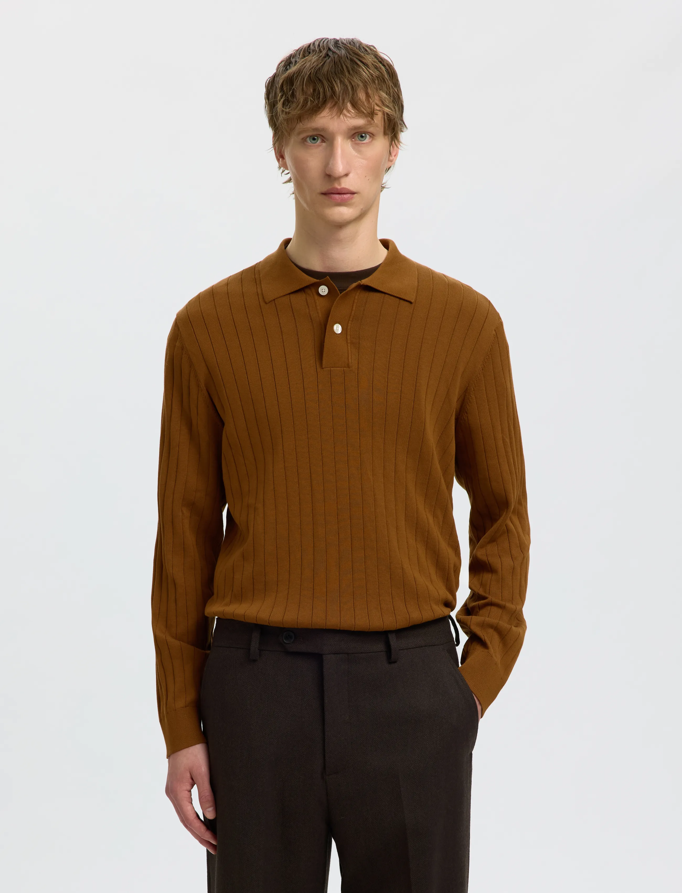 Selected SLMTORINO LS KNIT RIB POLO NOOS - Langärmelige Strick-Polohemden - MONKS ROBE / brown