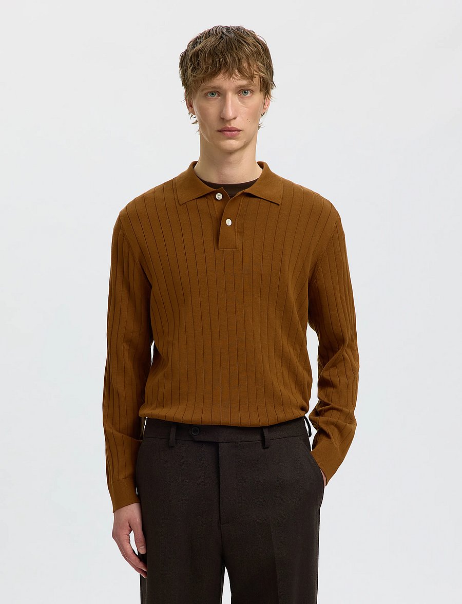 Selected - SLMTORINO LS KNIT RIB POLO NOOS - langärmelige strick-polohemden - monks robe - 0