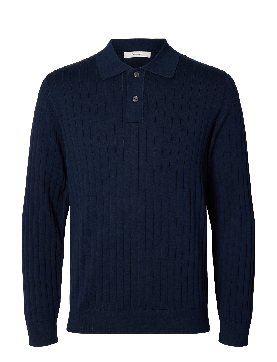 Selected - SLMTORINO LS KNIT RIB POLO NOOS - langärmelige strick-polohemden - navy blazer - 1