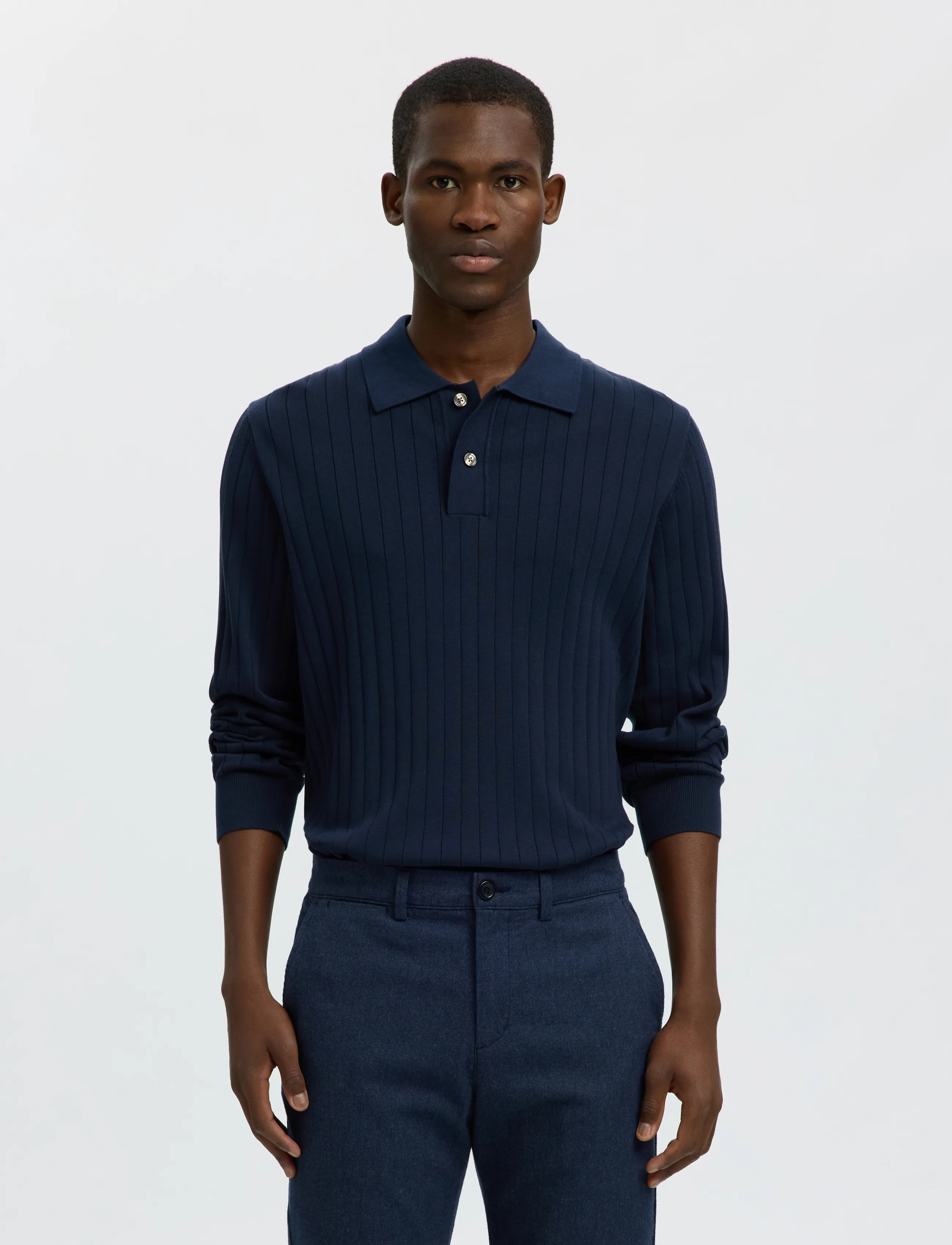 Selected SLMTORINO LS KNIT RIB POLO NOOS - Langärmelige Strick-Polohemden - NAVY BLAZER / navy