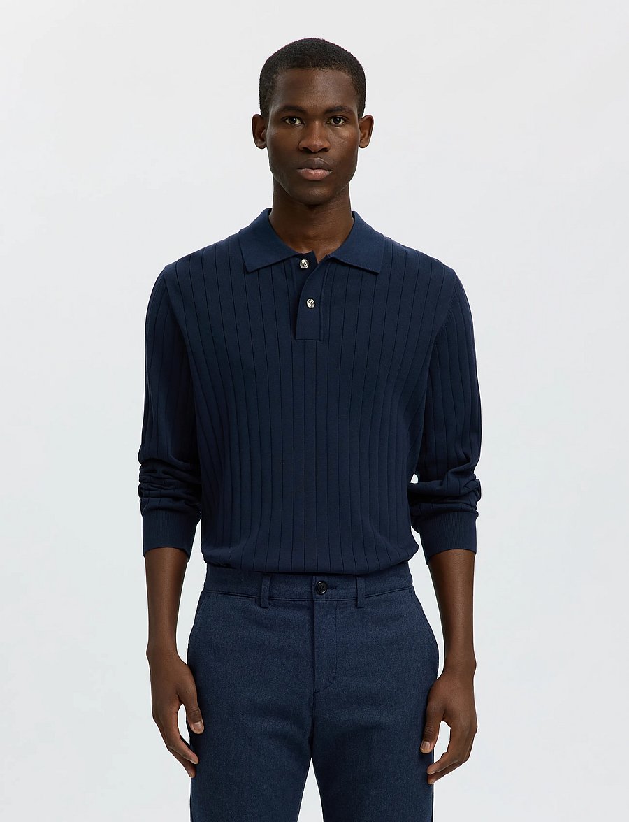 Selected - SLMTORINO LS KNIT RIB POLO NOOS - langärmelige strick-polohemden - navy blazer - 0