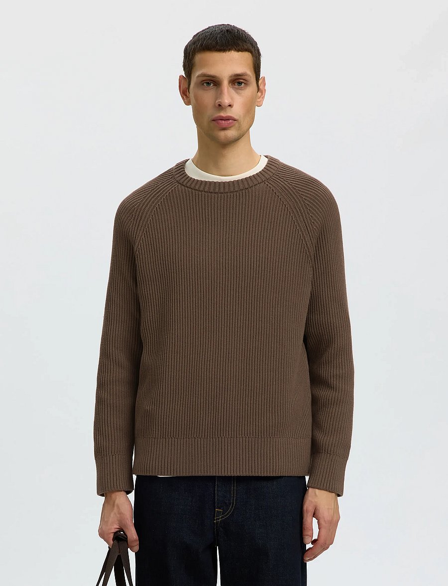 Selected - SLMBRAUN KNIT RIB CREW NECK NOOS - Ümara kaelusega - chocolate chip - 0