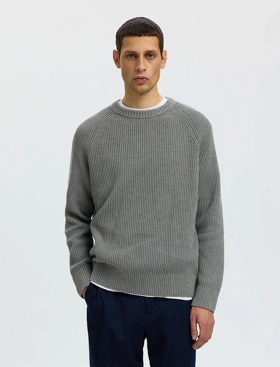 Selected - SLMBRAUN KNIT RIB CREW NECK NOOS - rundhals - medium grey melange - 0