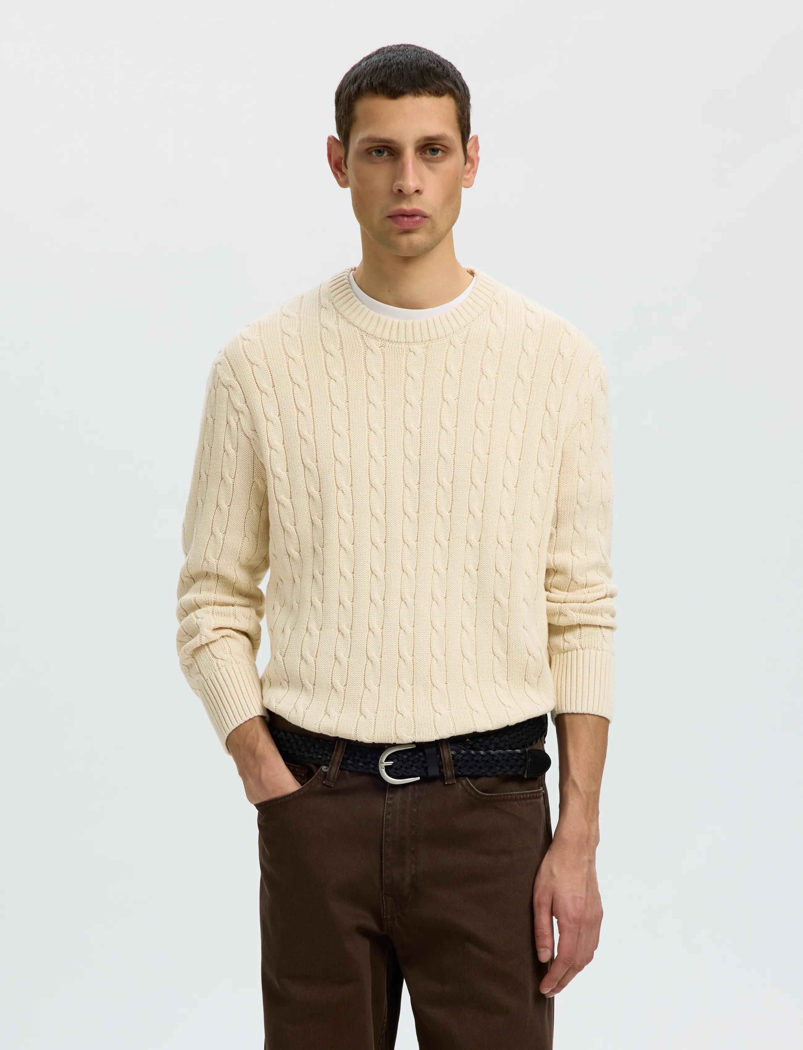 Selected SLMBRAUN KNIT CABLE CREW NOOS - Osta olukorra järgi - BIRCH / cream