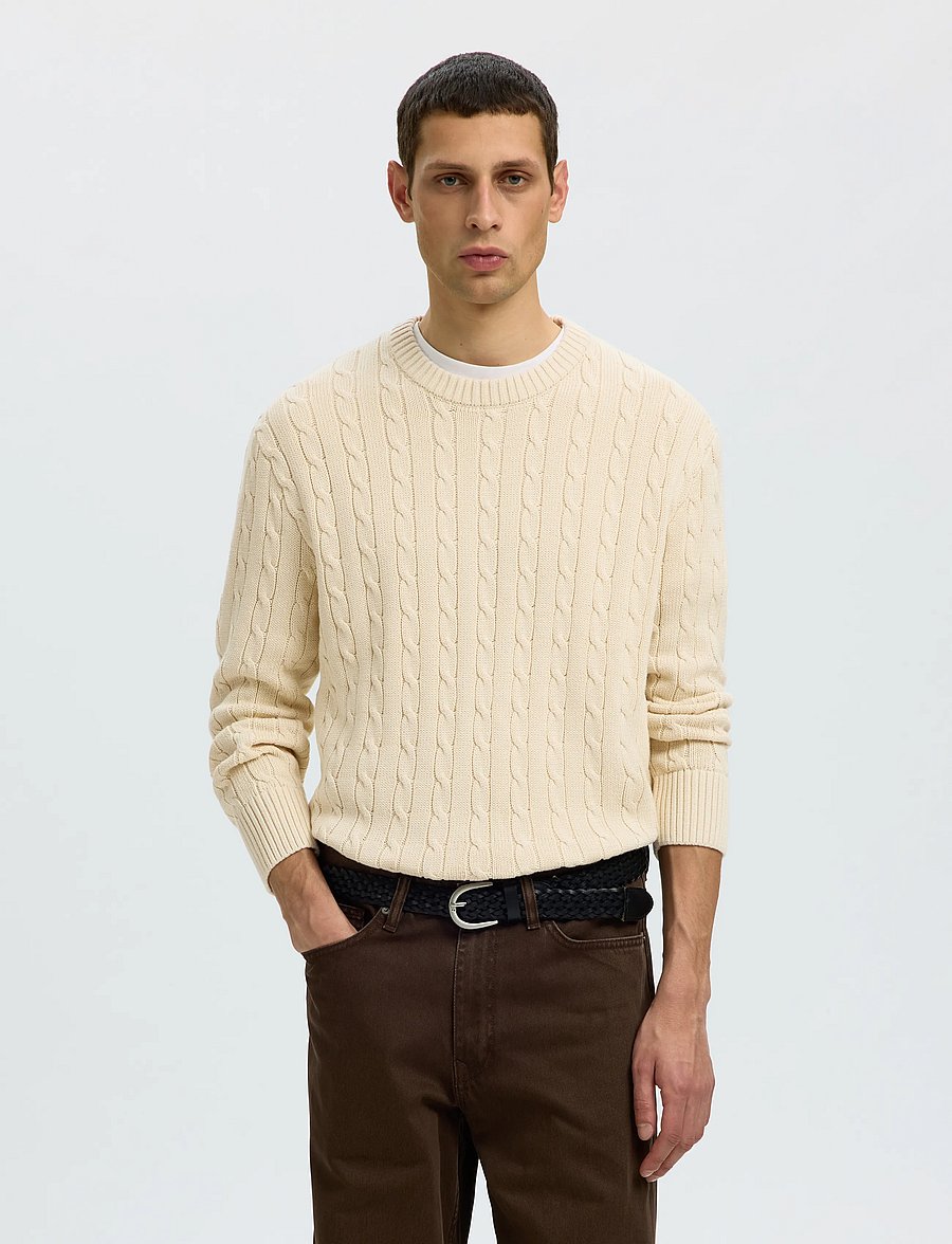 Selected - SLMBRAUN KNIT CABLE CREW NOOS - rundhals - birch - 0