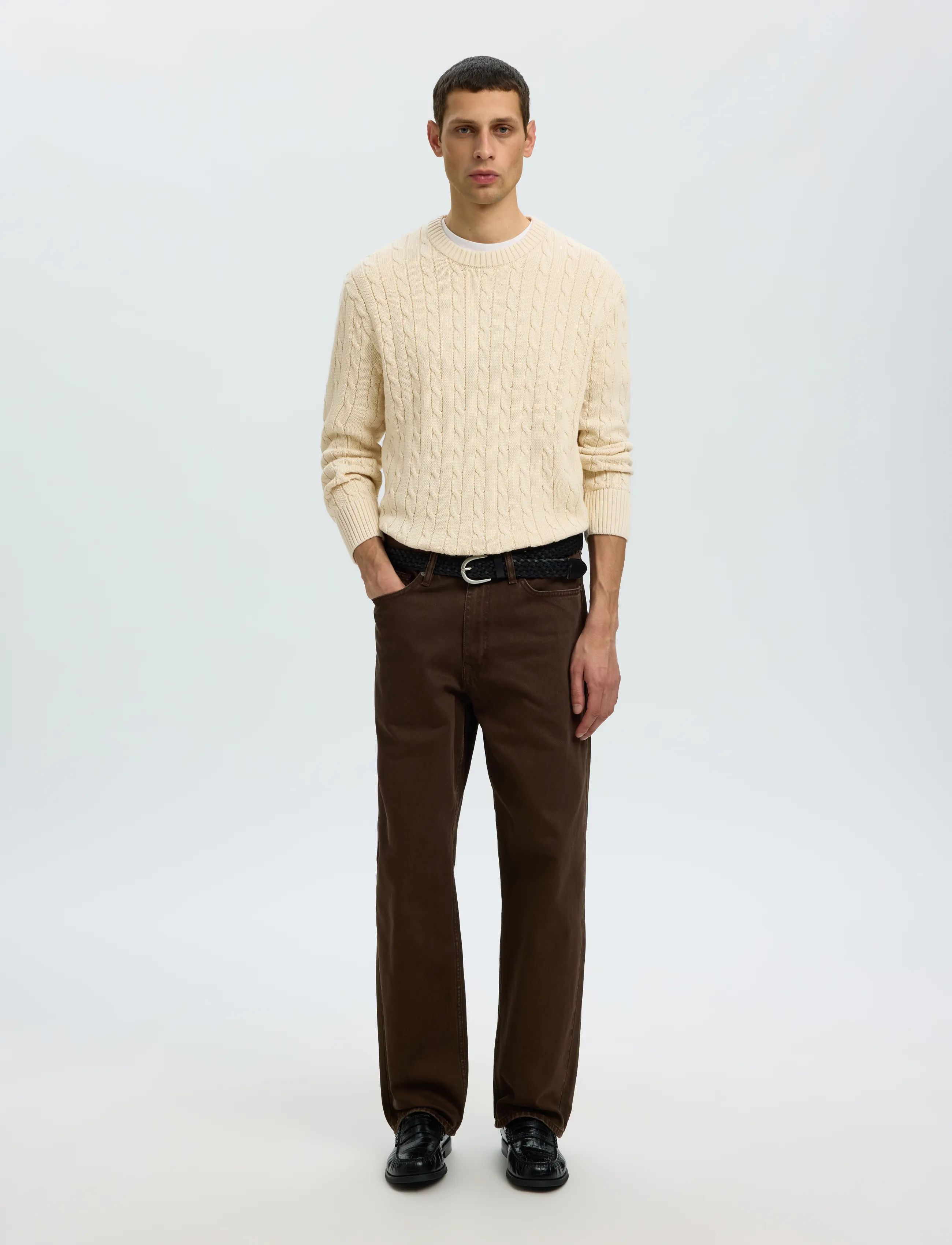 Selected - SLMBRAUN KNIT CABLE CREW NOOS - birch - 3