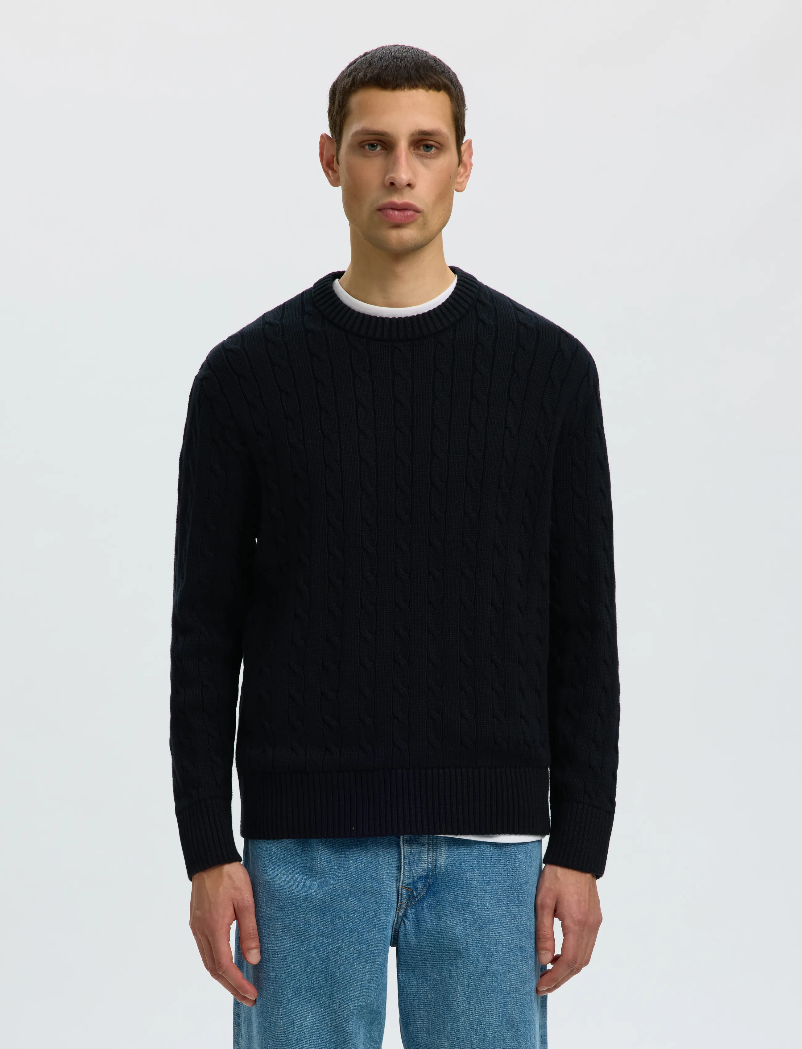 Selected - SLMBRAUN KNIT CABLE CREW NOOS - round necks - black - 0