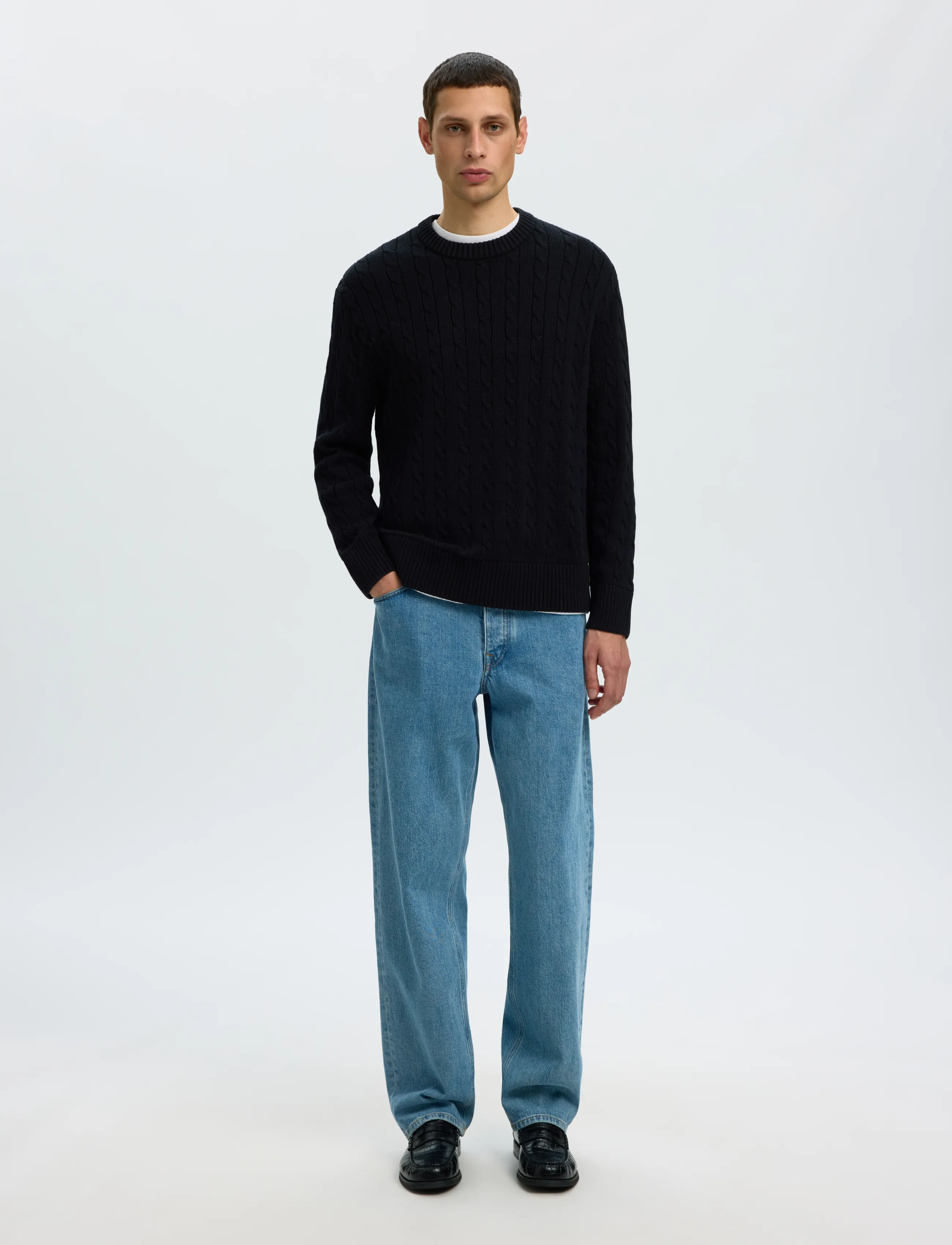 Selected - SLMBRAUN KNIT CABLE CREW NOOS - round necks - black - 3