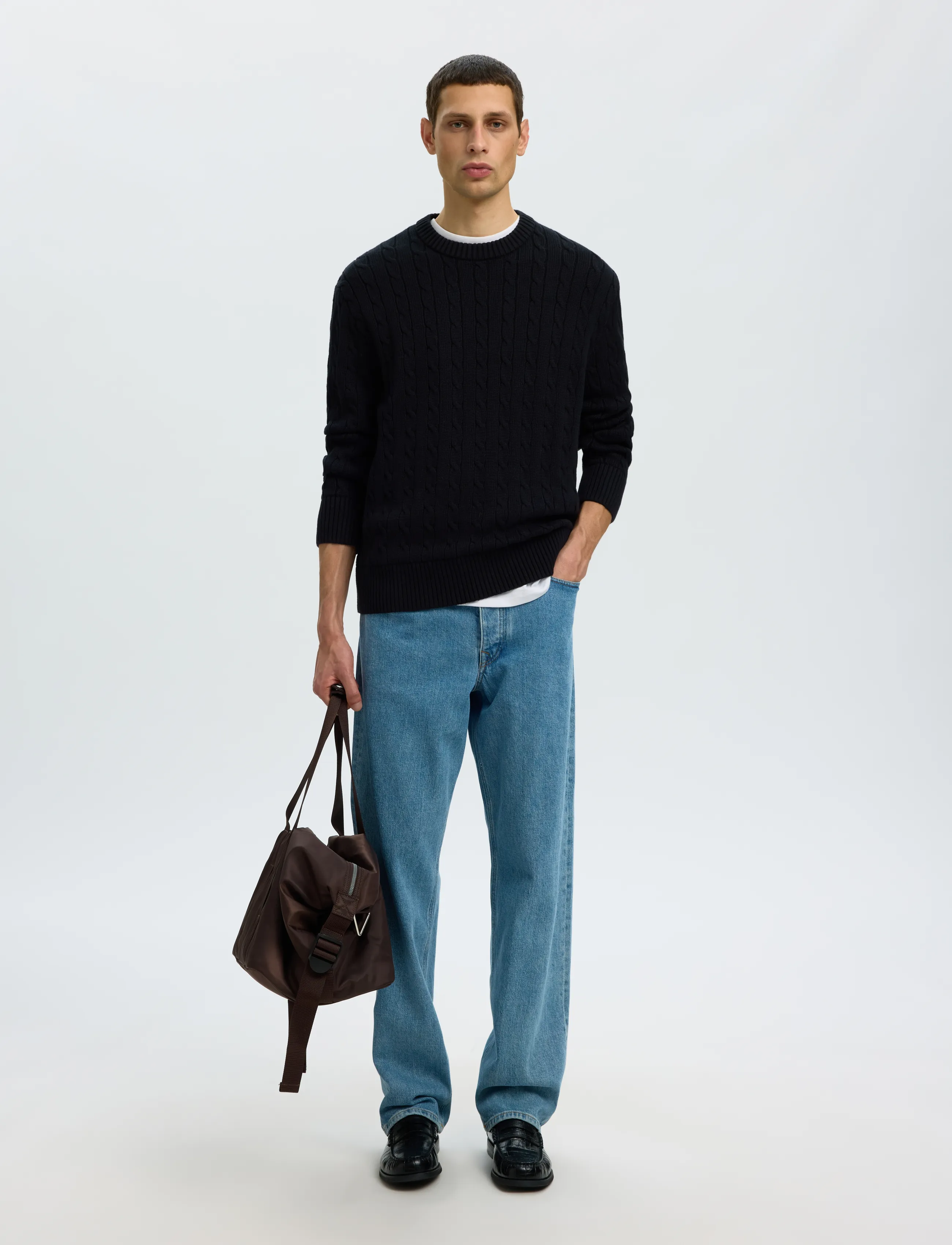 Selected - SLMBRAUN KNIT CABLE CREW NOOS - round necks - black - 5