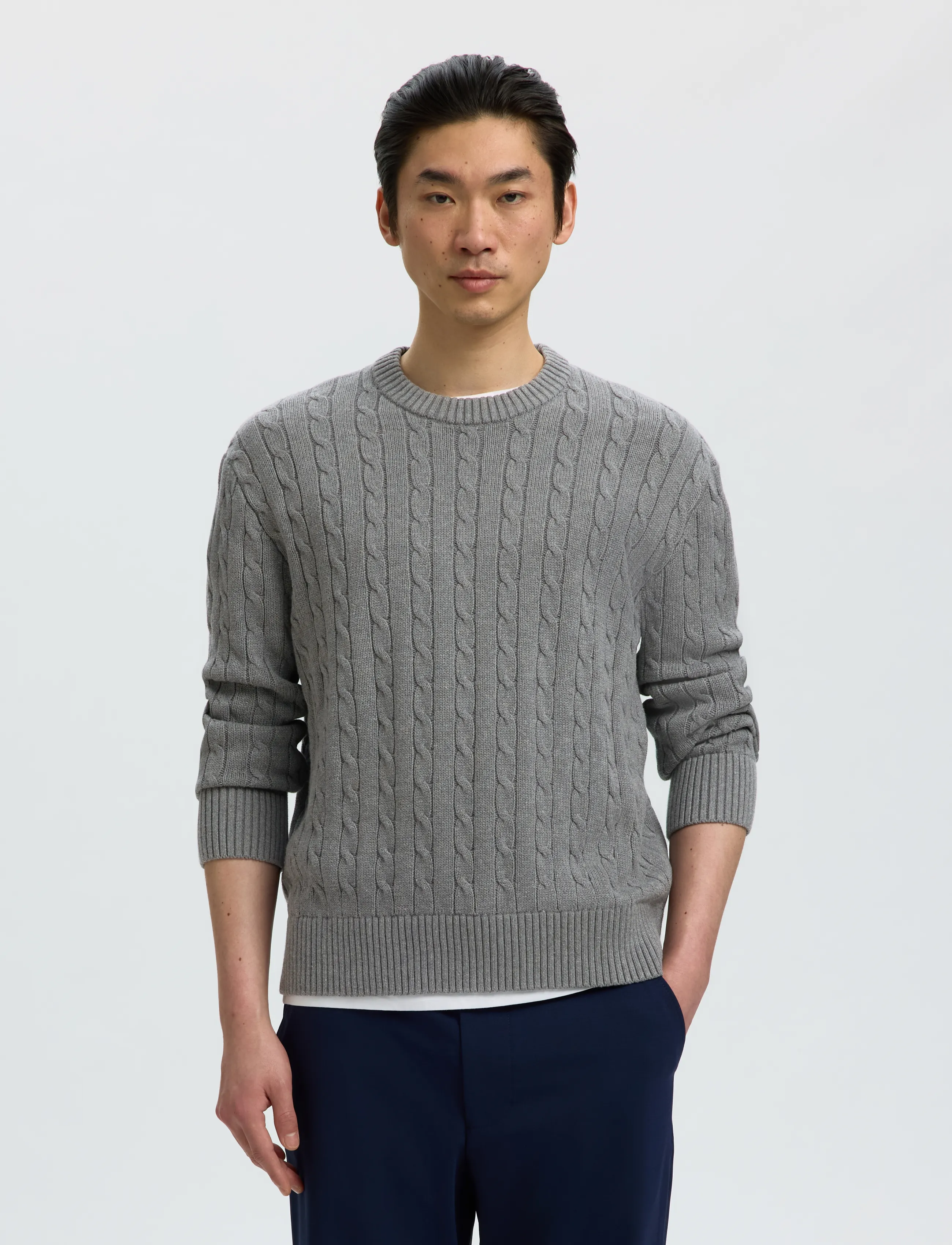 Selected - SLMBRAUN KNIT CABLE CREW NOOS - round necks - medium grey melange - 0